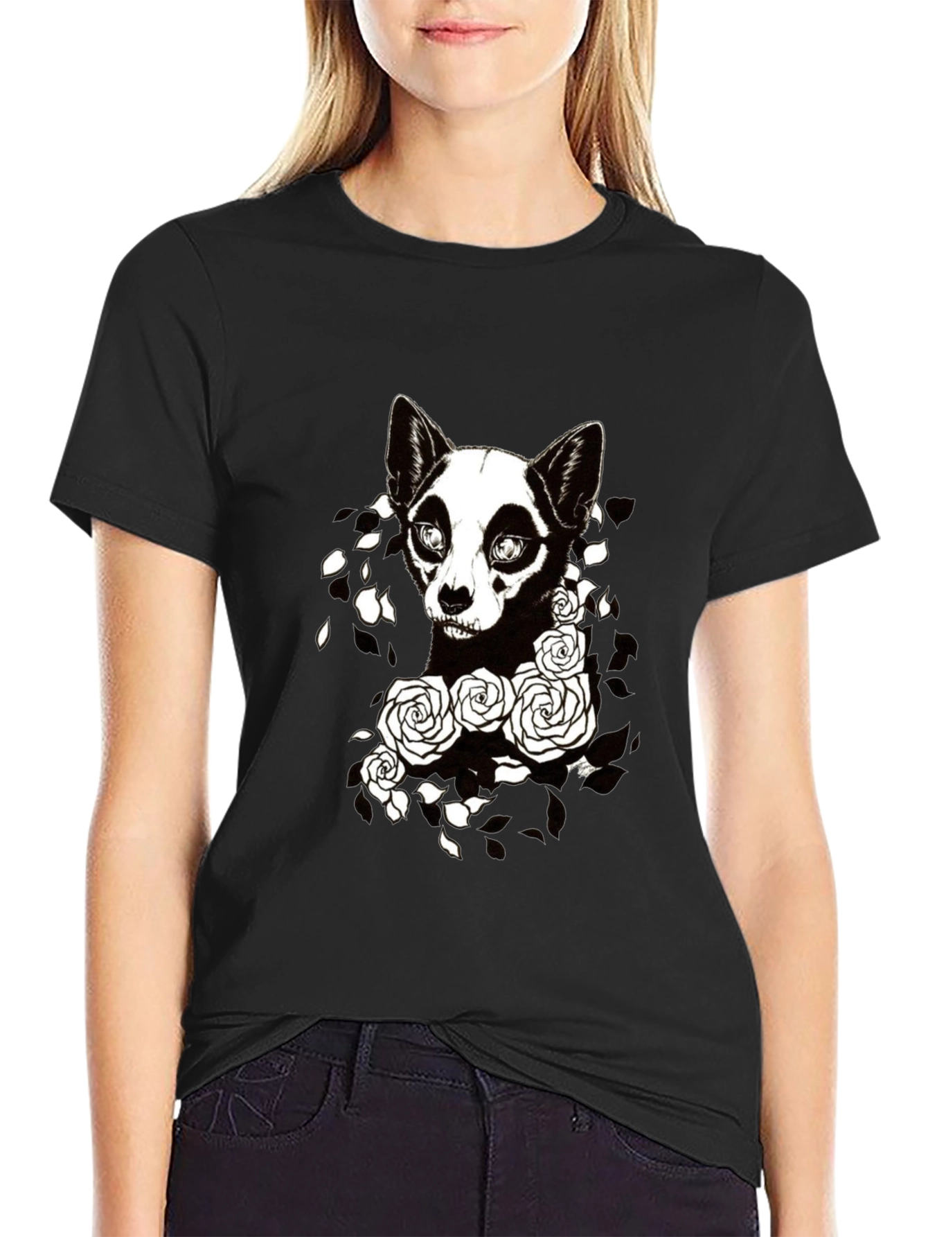 Gothic Dog & Roses Graphic Tee - Black