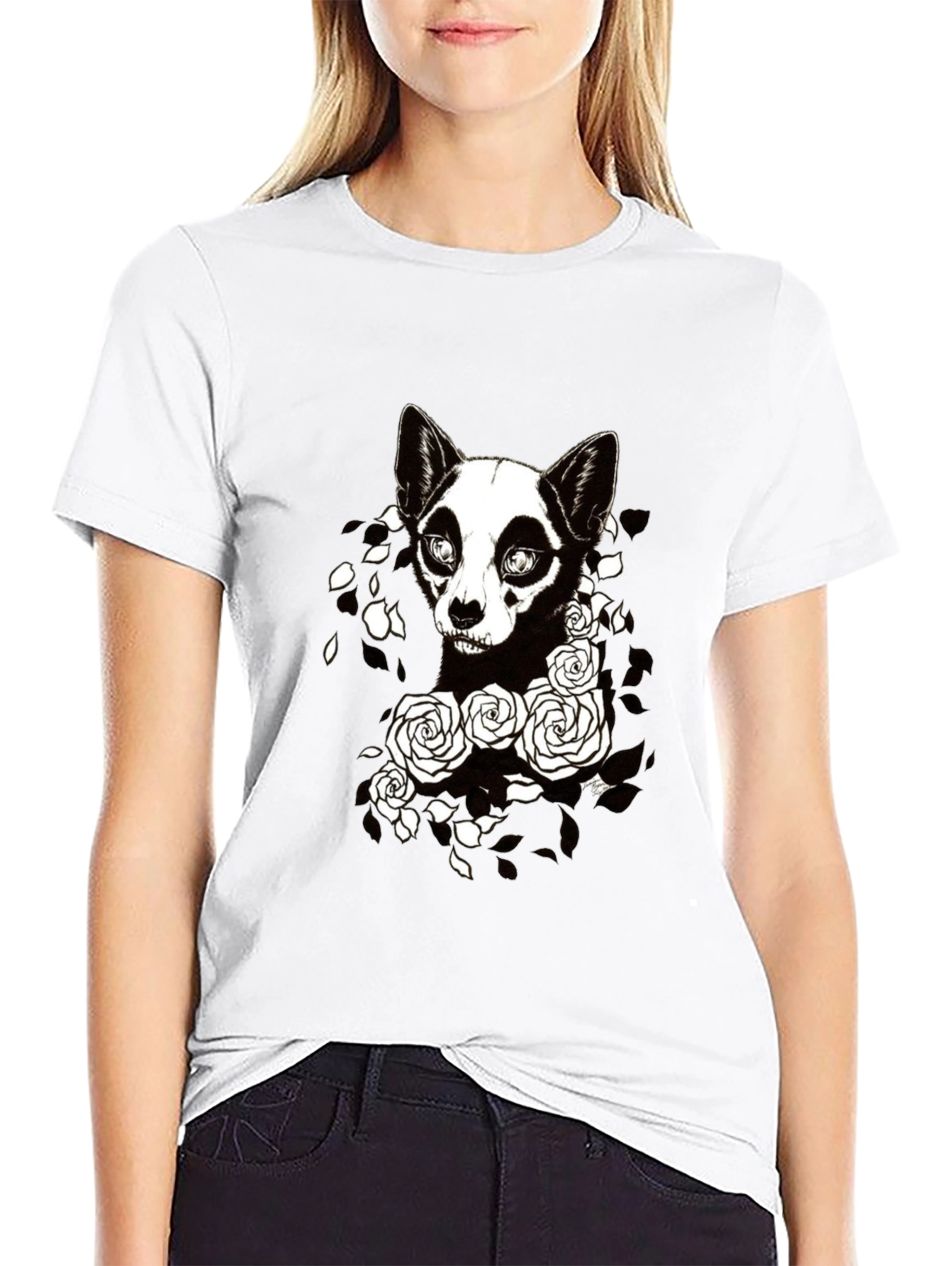 Gothic Dog & Roses Graphic Tee - Black