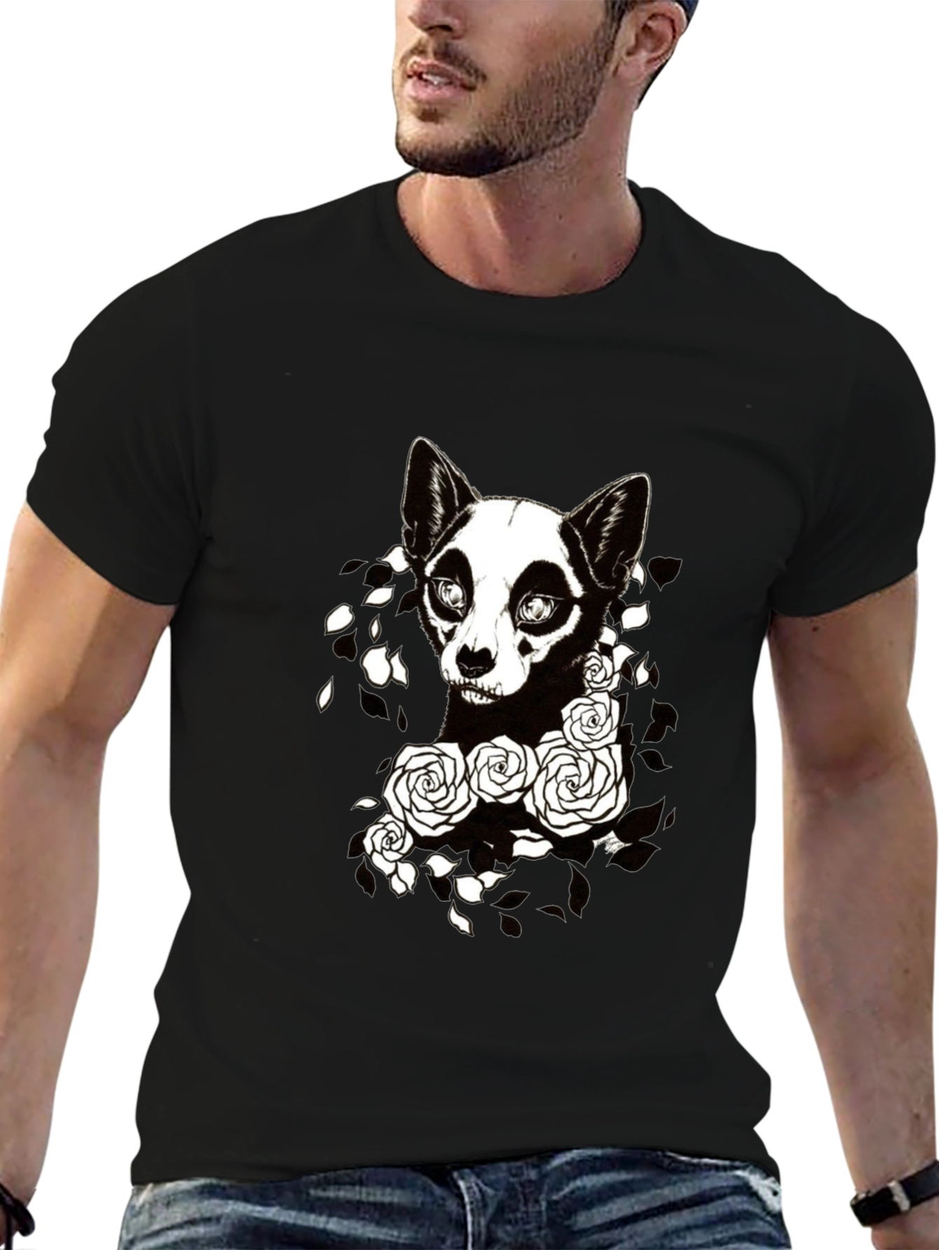 Gothic Dog & Roses Graphic Tee - Black