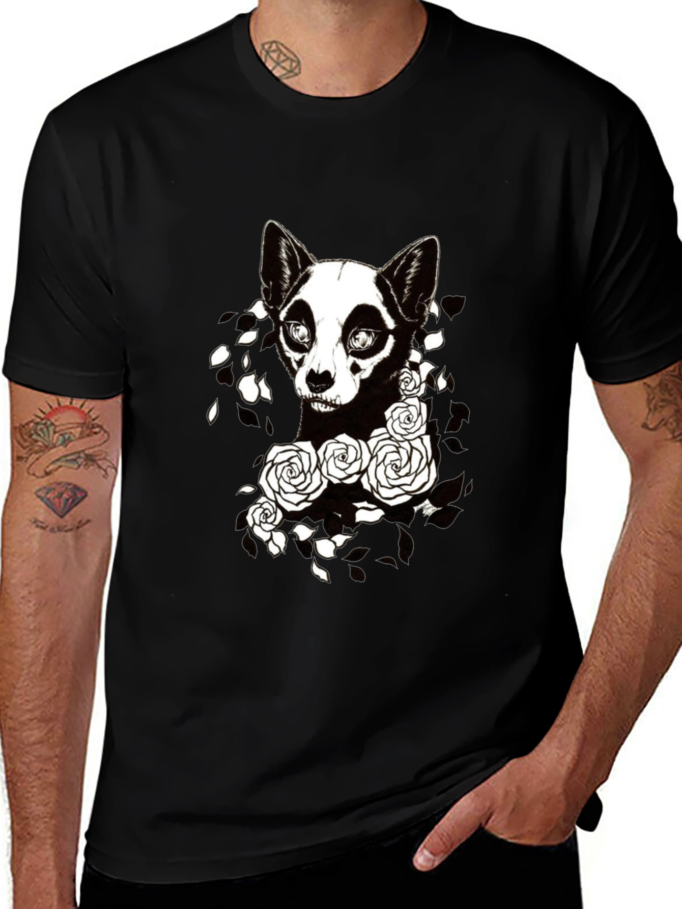 Gothic Dog & Roses Graphic Tee - Black