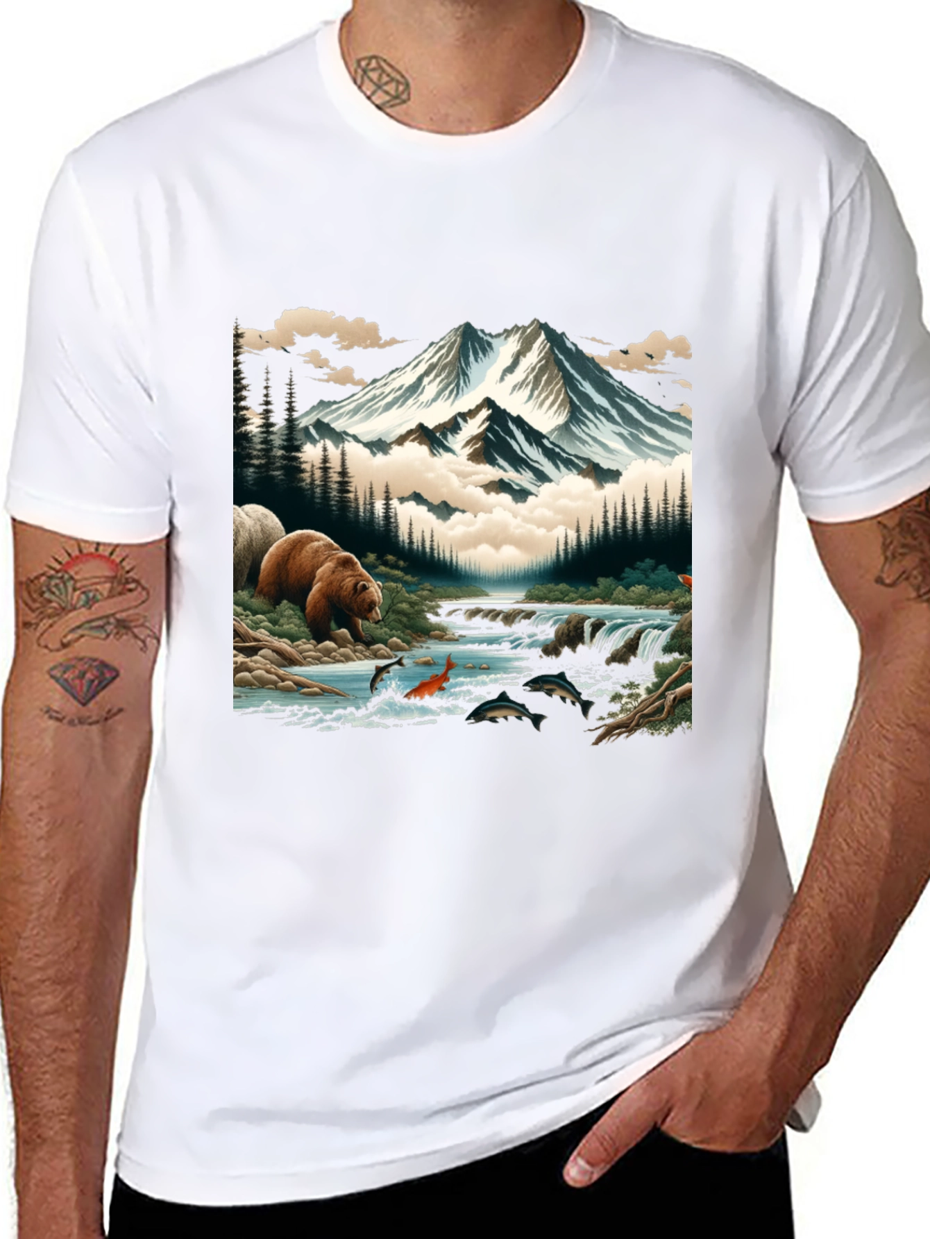 Nature Bear & Mountain Graphic Tee - Black