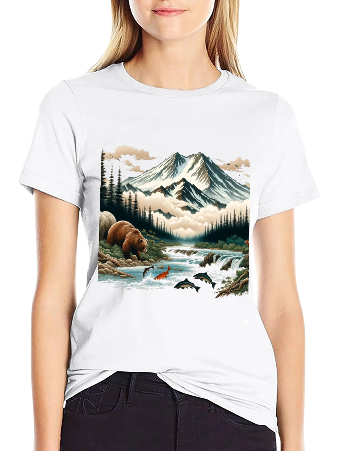 Nature Bear & Mountain Graphic Tee - Black