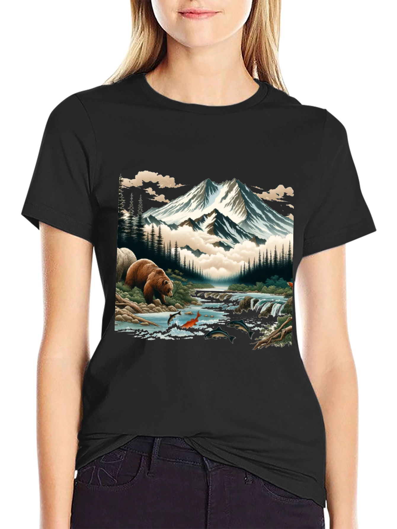Nature Bear & Mountain Graphic Tee - Black