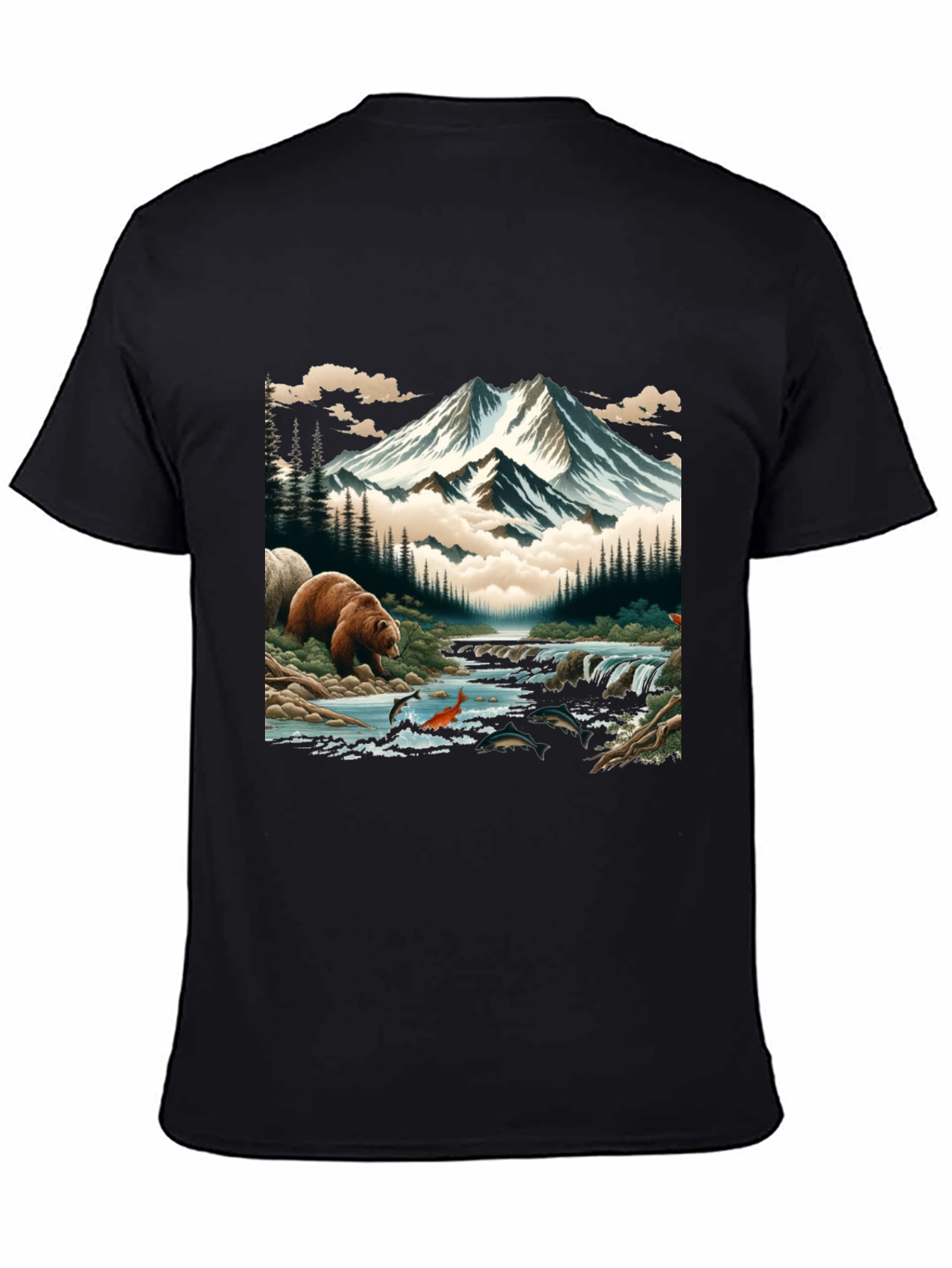 Nature Bear & Mountain Graphic Tee - Black