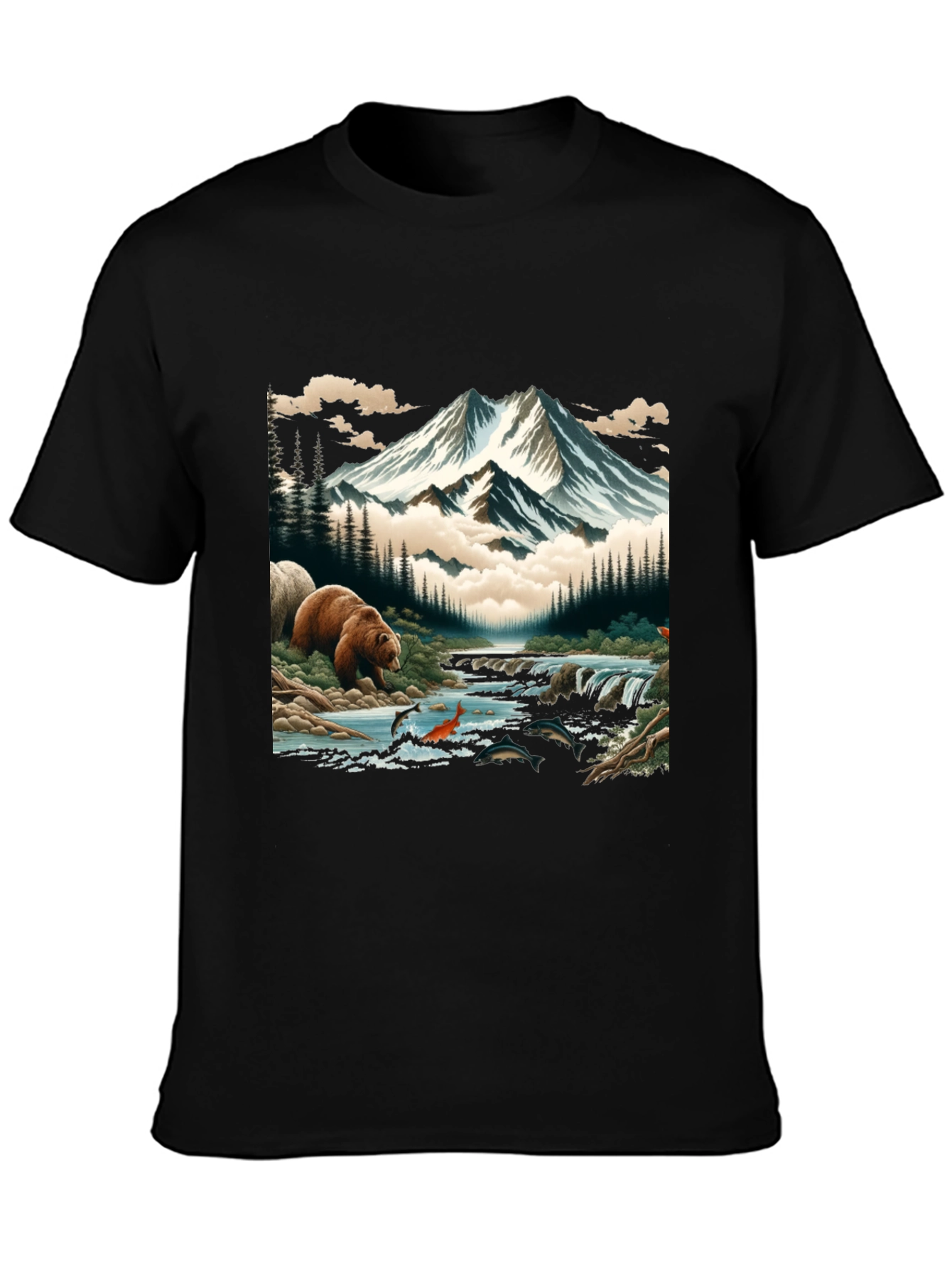 Nature Bear & Mountain Graphic Tee - Black
