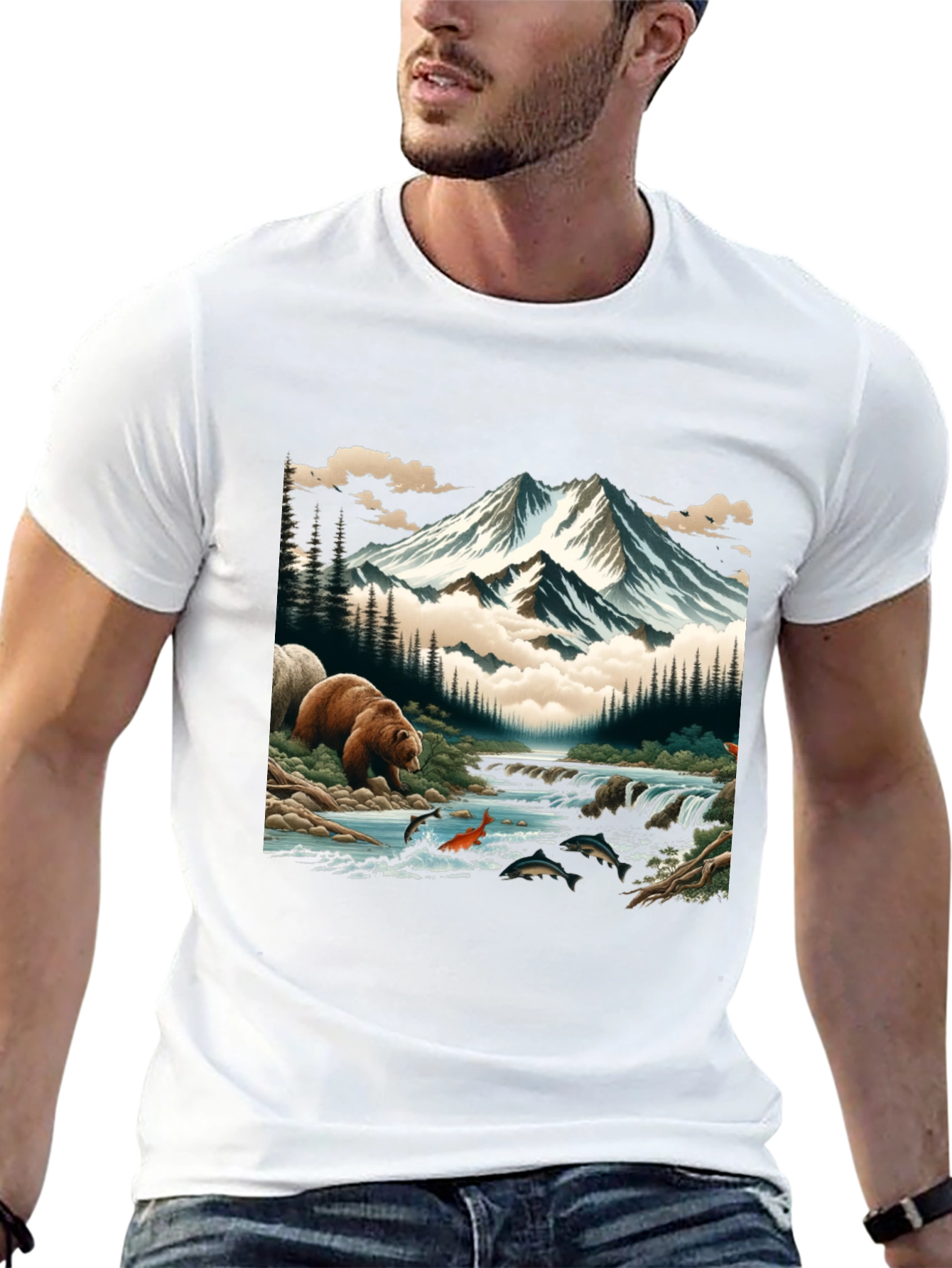 Nature Bear & Mountain Graphic Tee - Black
