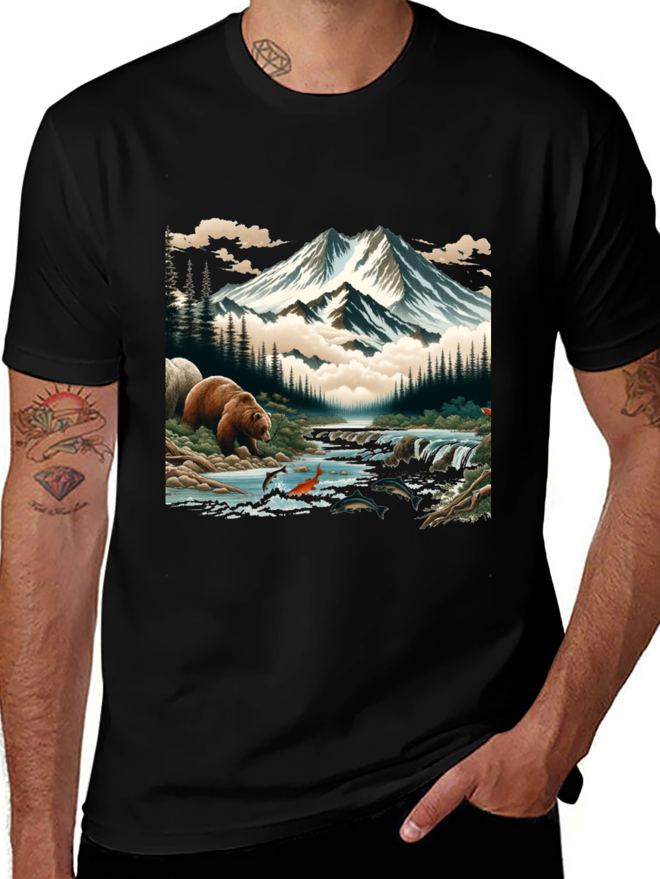 Nature Bear & Mountain Graphic Tee - Black
