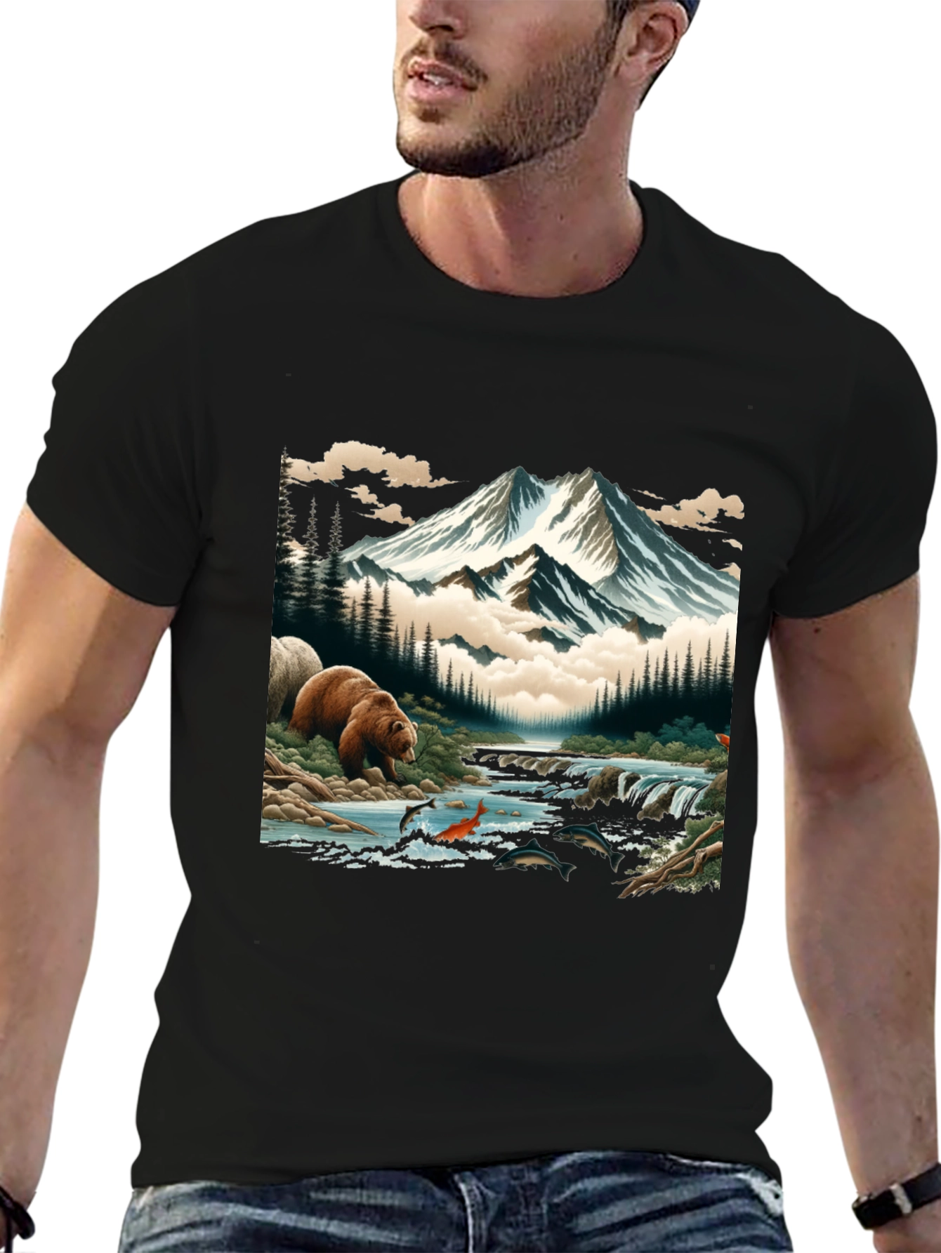 Nature Bear & Mountain Graphic Tee - Black
