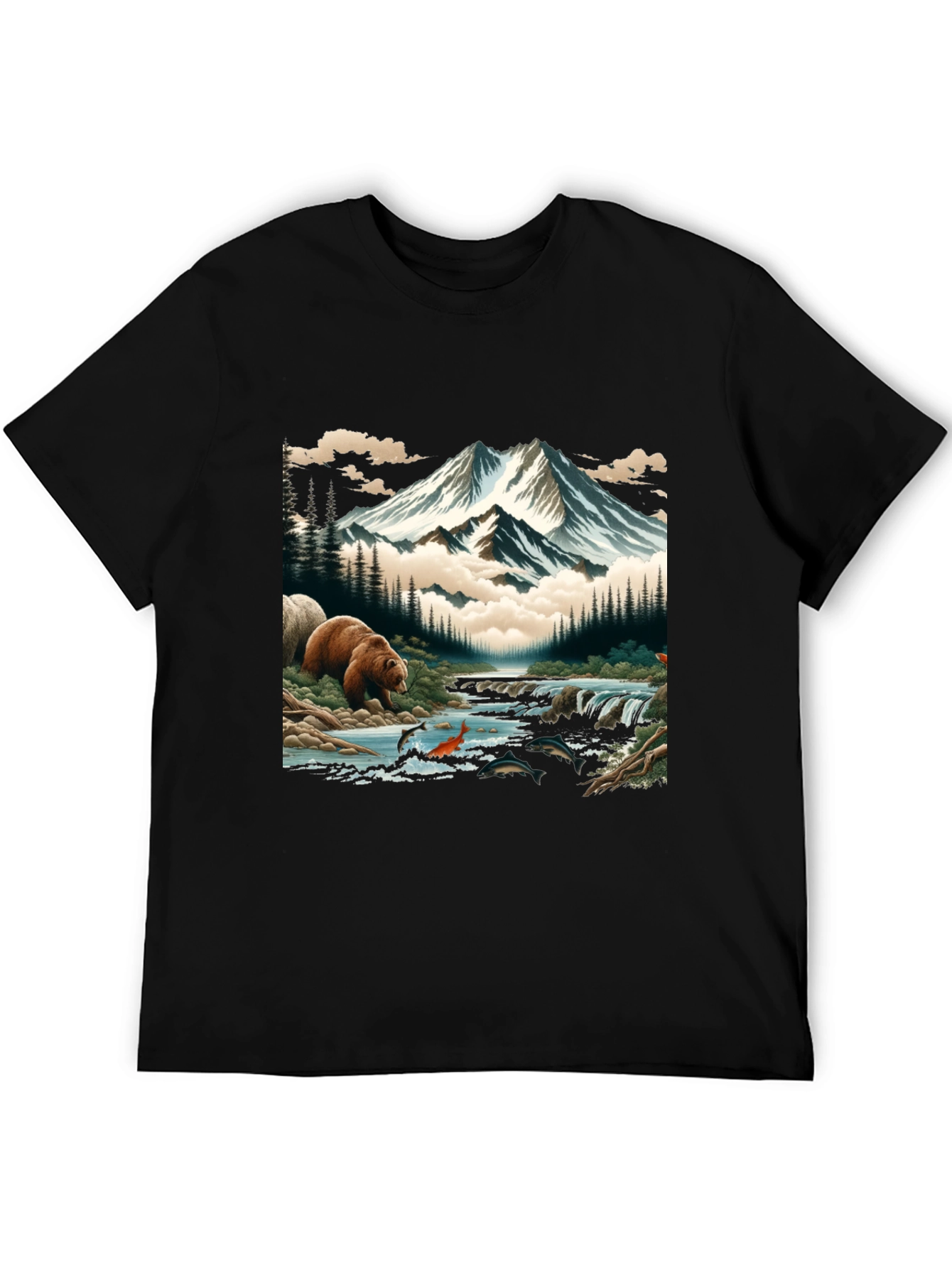 Nature Bear & Mountain Graphic Tee - Black