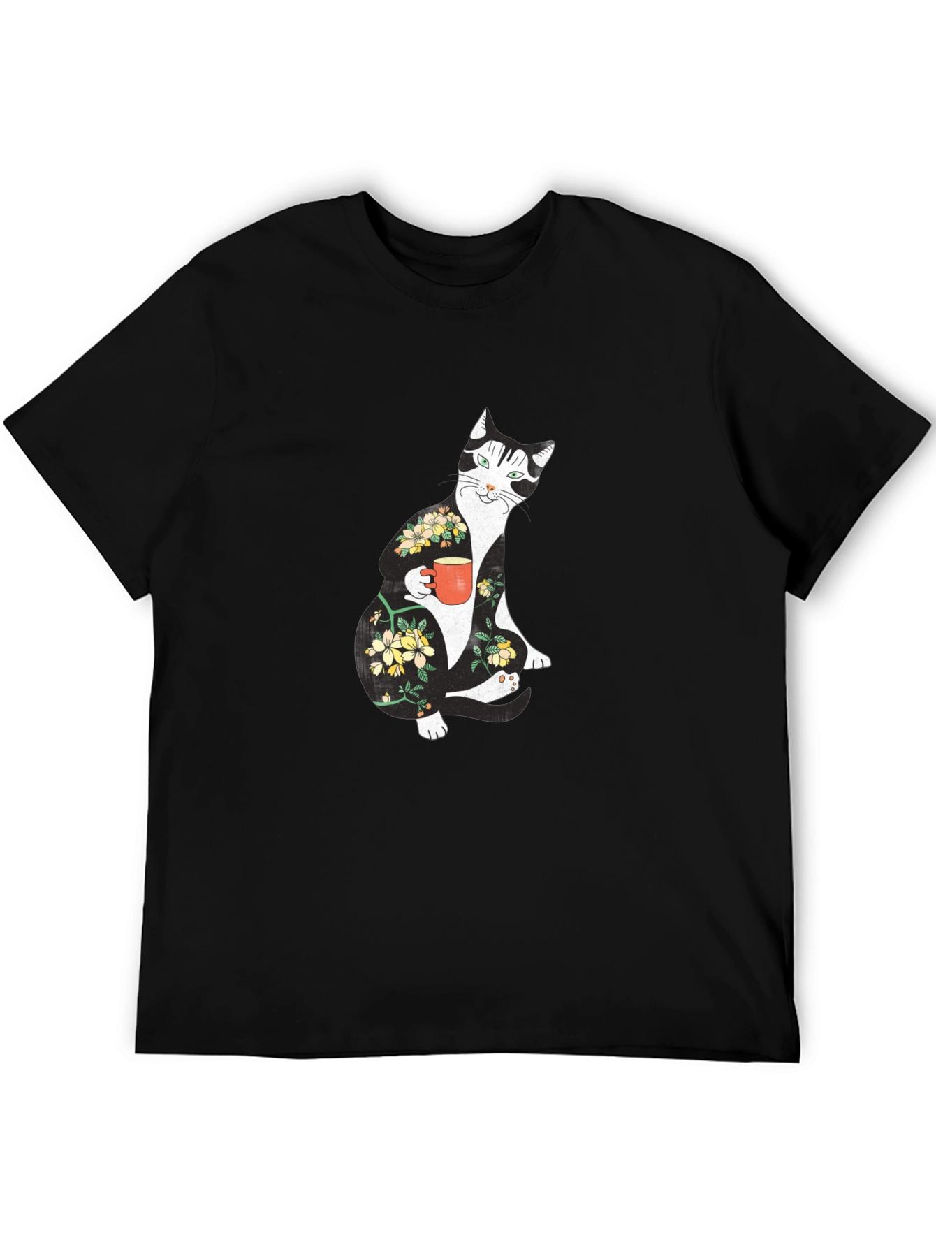 Floral Cat Black T-Shirt - Unique Graphic Tee