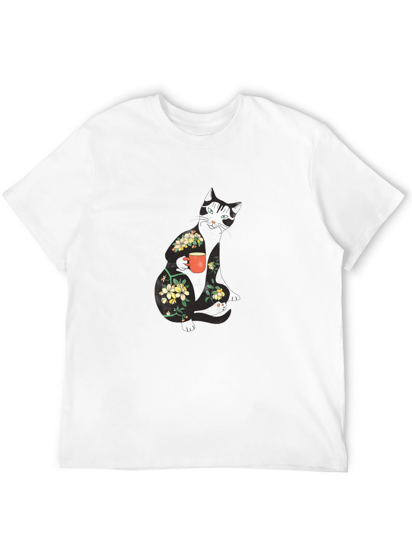 Floral Cat Black T-Shirt - Unique Graphic Tee