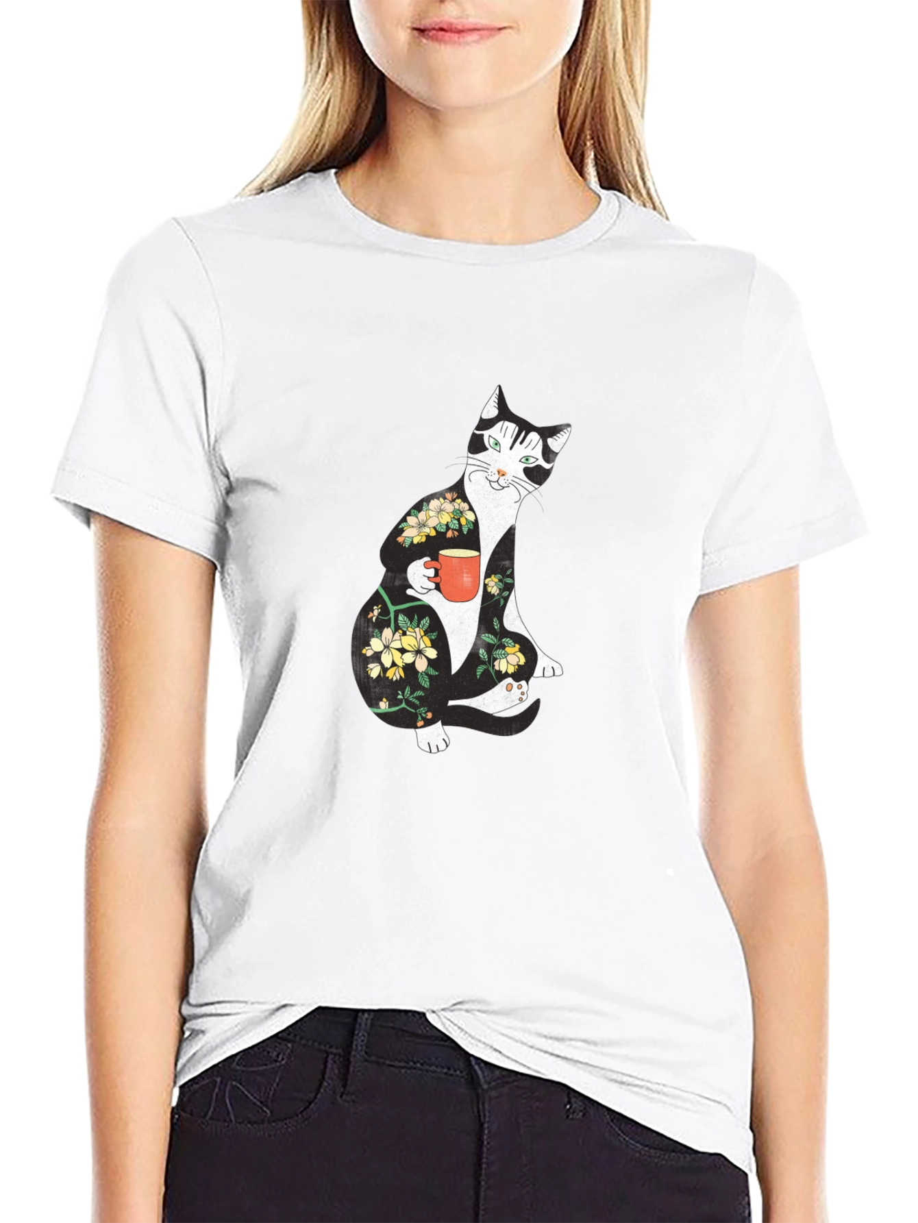 Floral Cat Black T-Shirt - Unique Graphic Tee