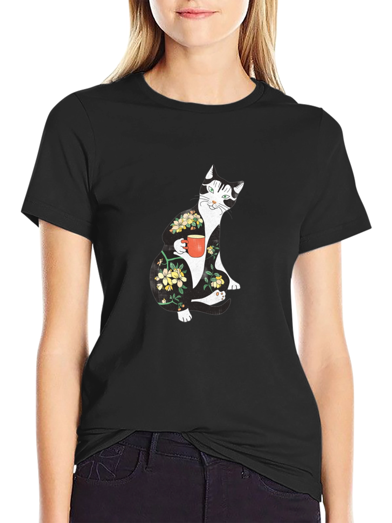 Floral Cat Black T-Shirt - Unique Graphic Tee