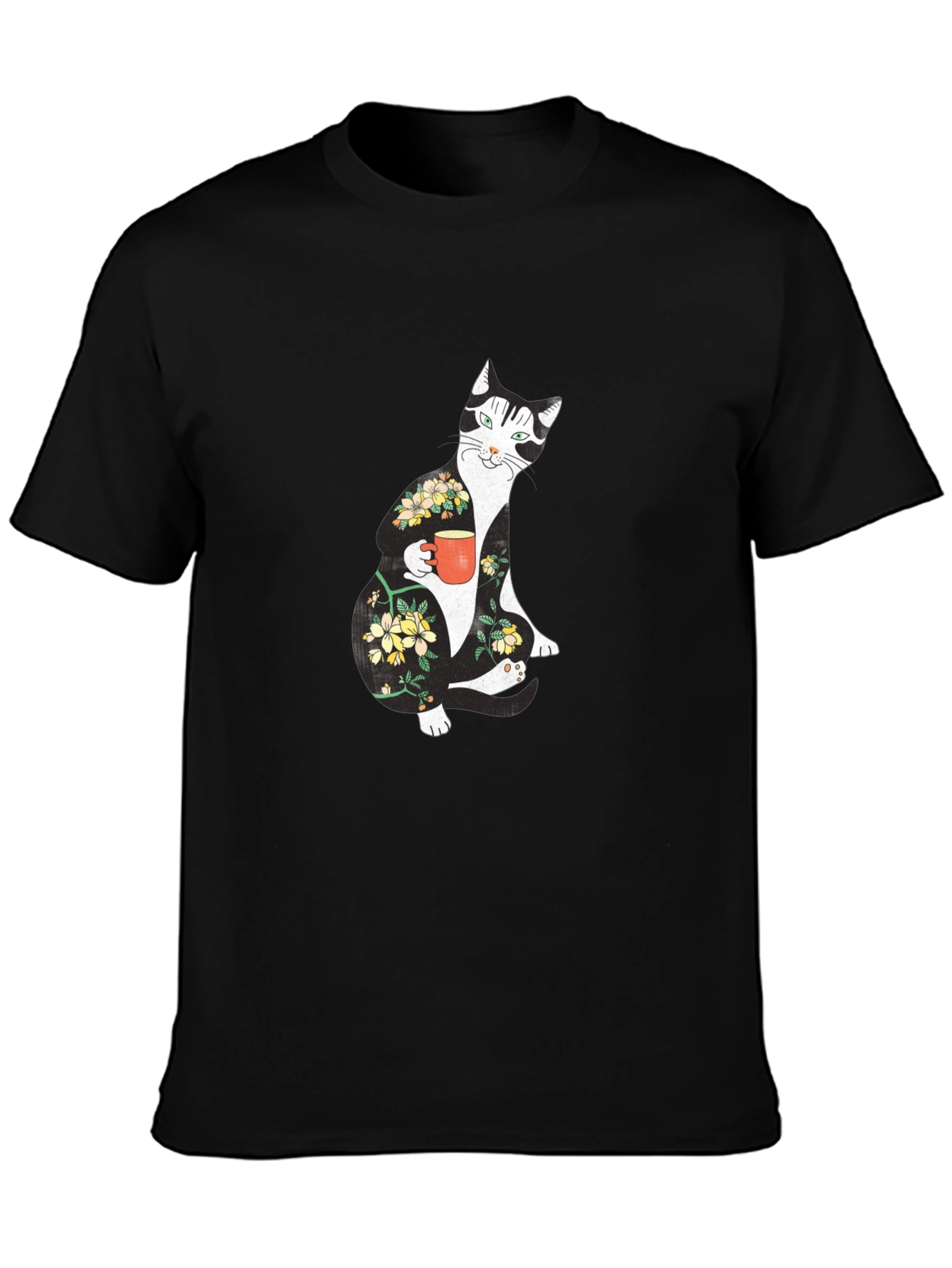 Floral Cat Black T-Shirt - Unique Graphic Tee