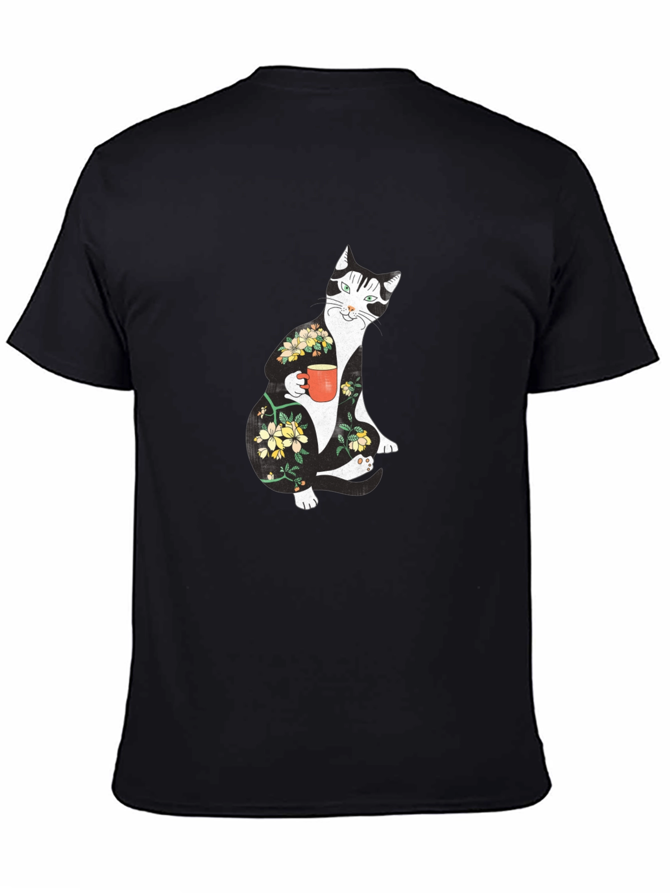 Floral Cat Black T-Shirt - Unique Graphic Tee