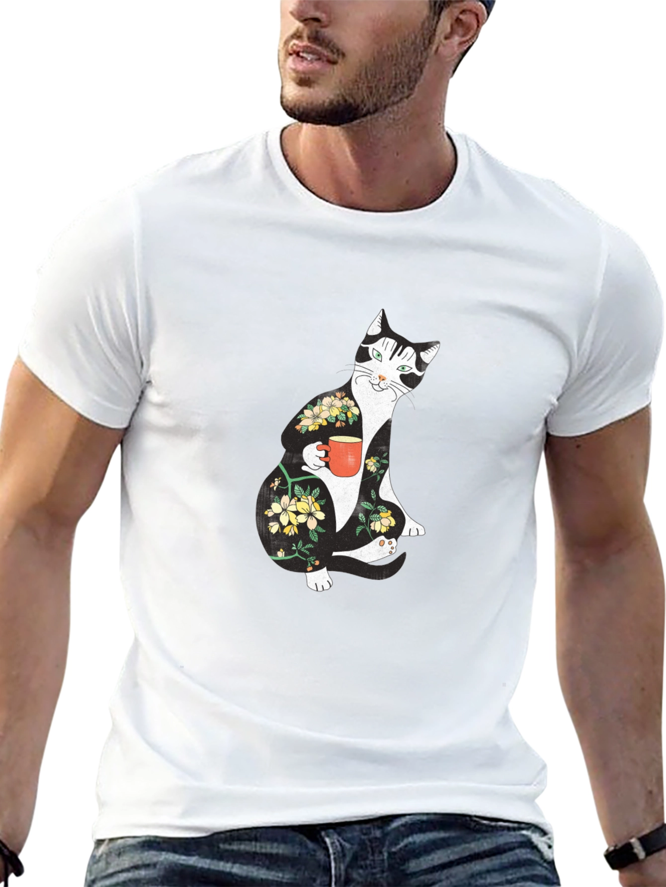 Floral Cat Black T-Shirt - Unique Graphic Tee