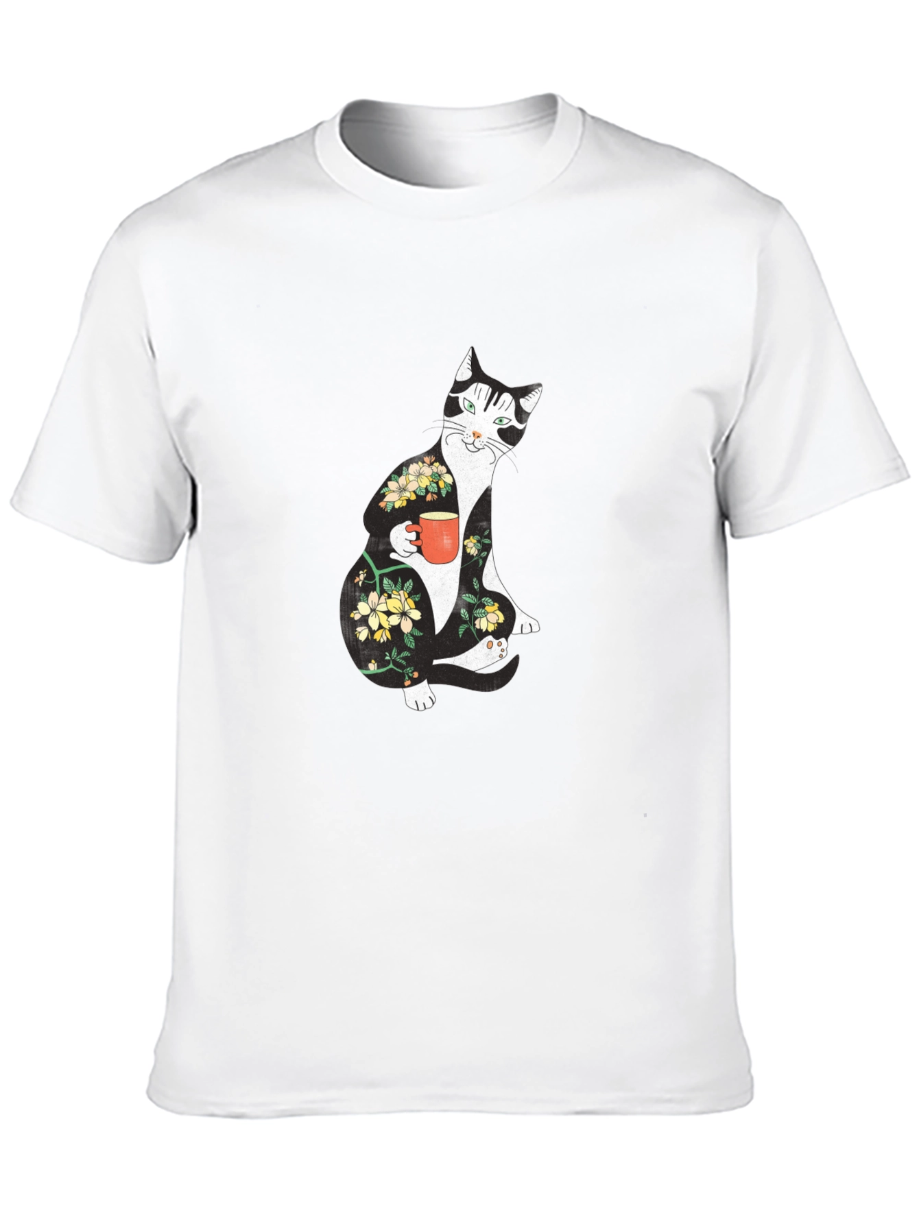 Floral Cat Black T-Shirt - Unique Graphic Tee