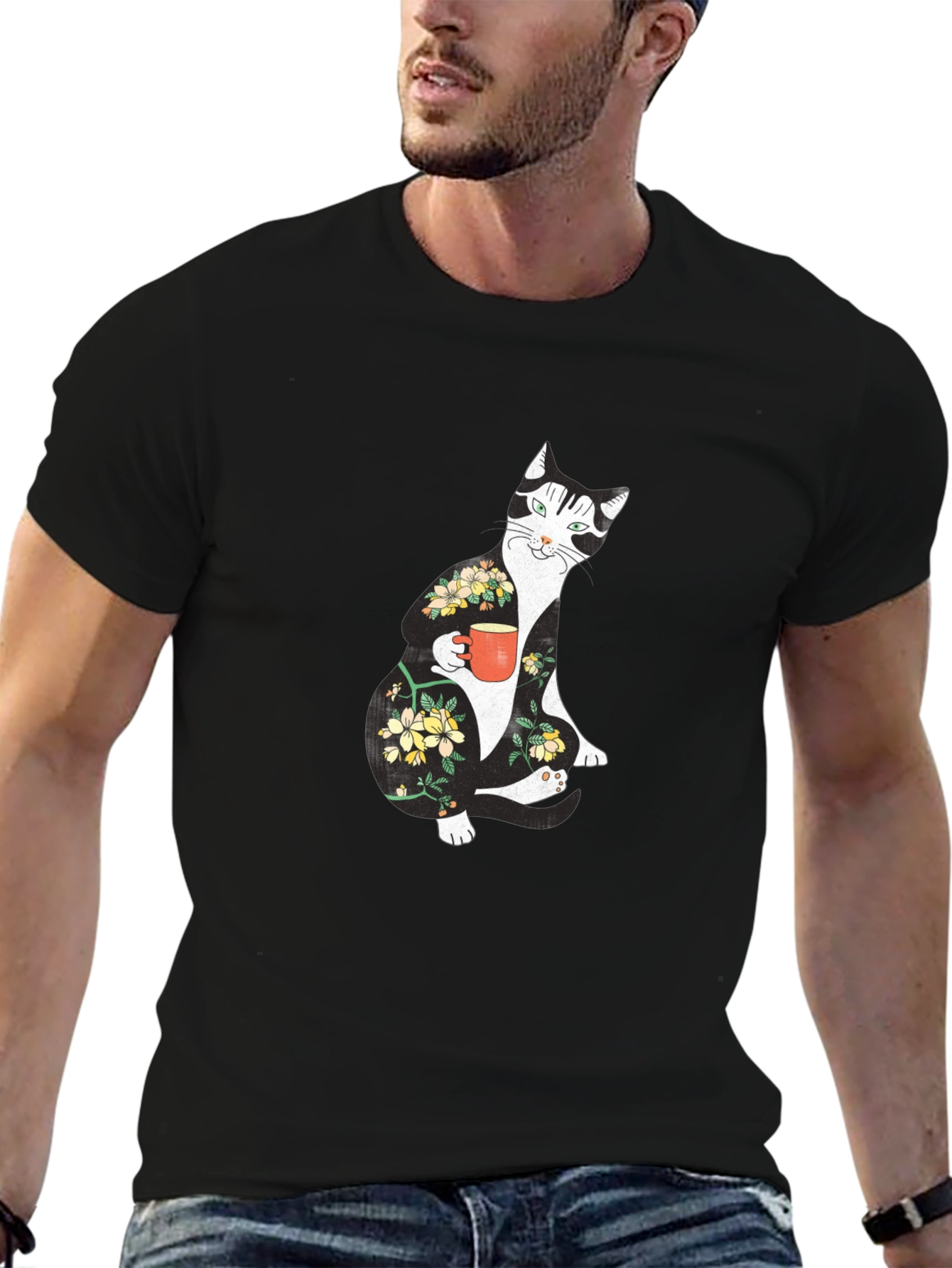 Floral Cat Black T-Shirt - Unique Graphic Tee