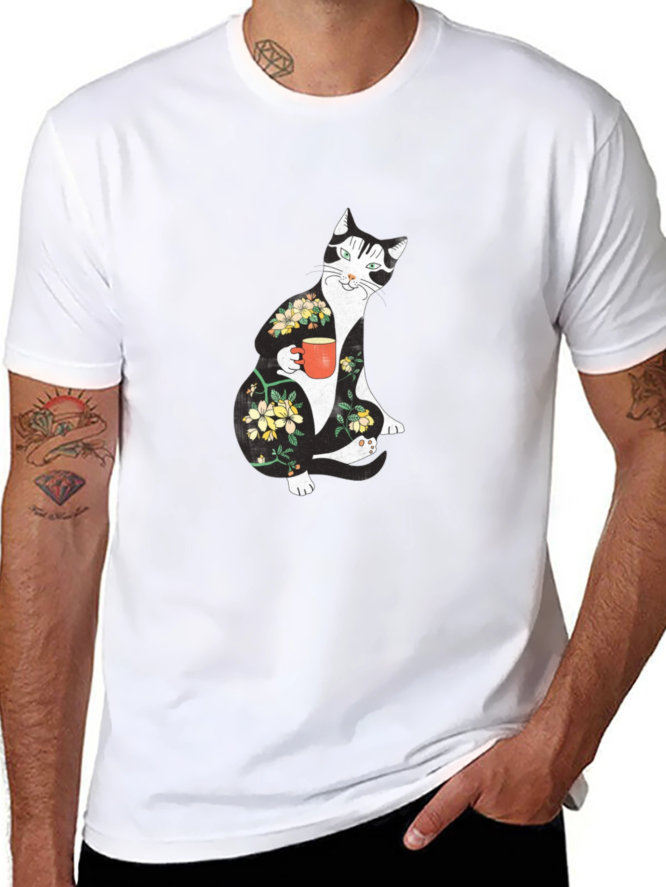 Floral Cat Black T-Shirt - Unique Graphic Tee