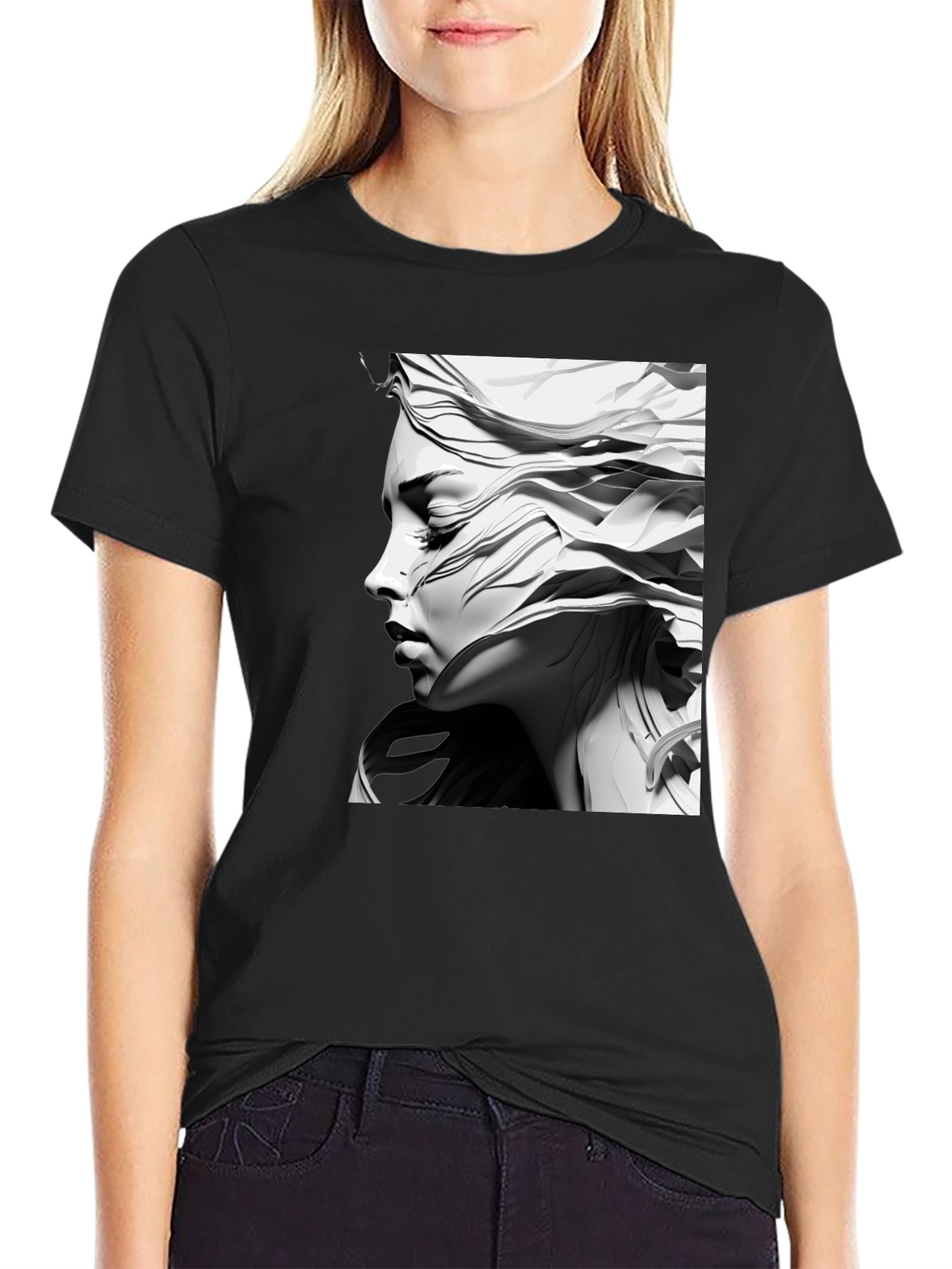 Artistic Woman Graphic Tee - Black Cotton Comfort