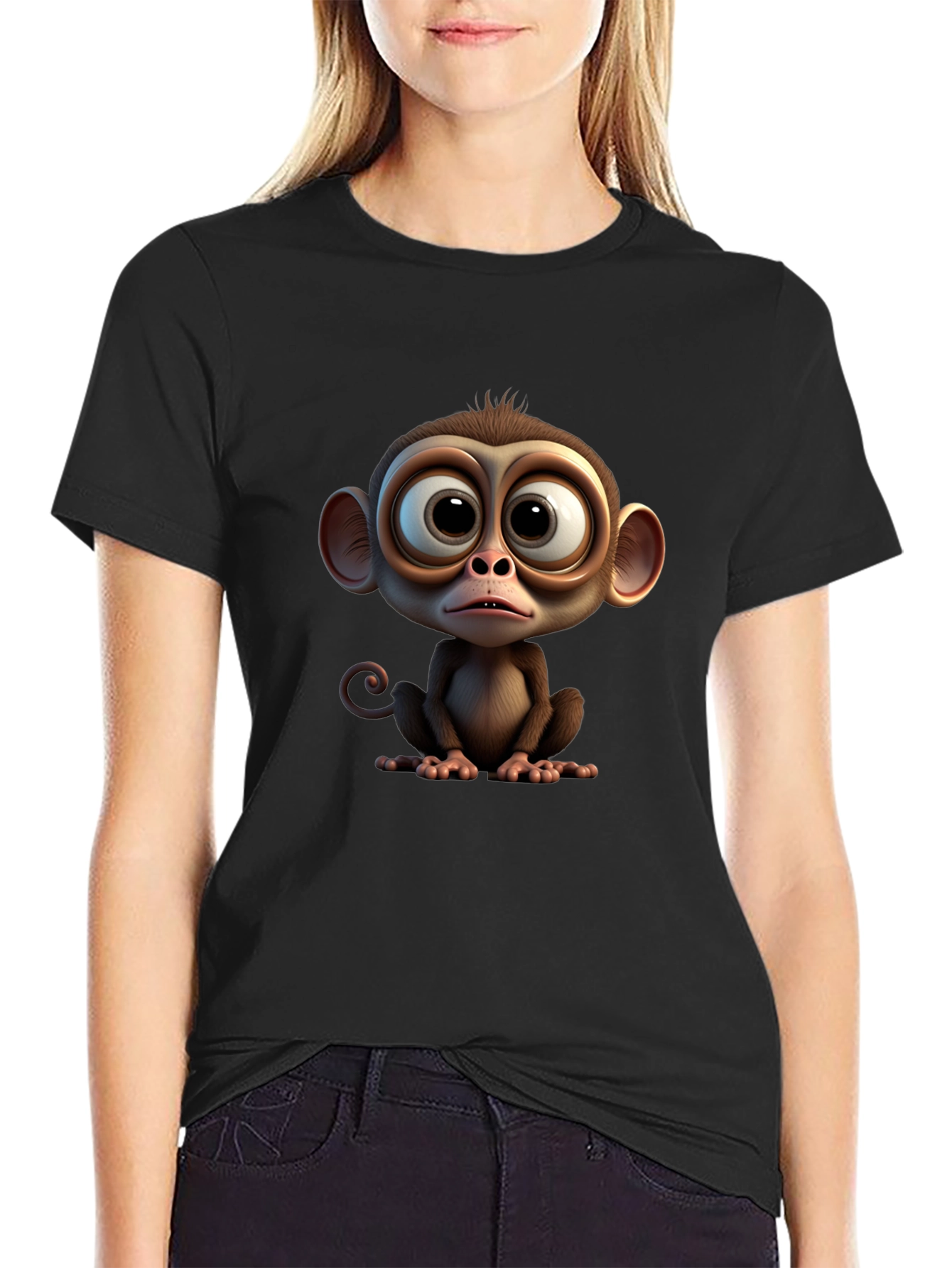 Cute Cartoon Monkey Graphic Tee - Soft Black T-Shirt
