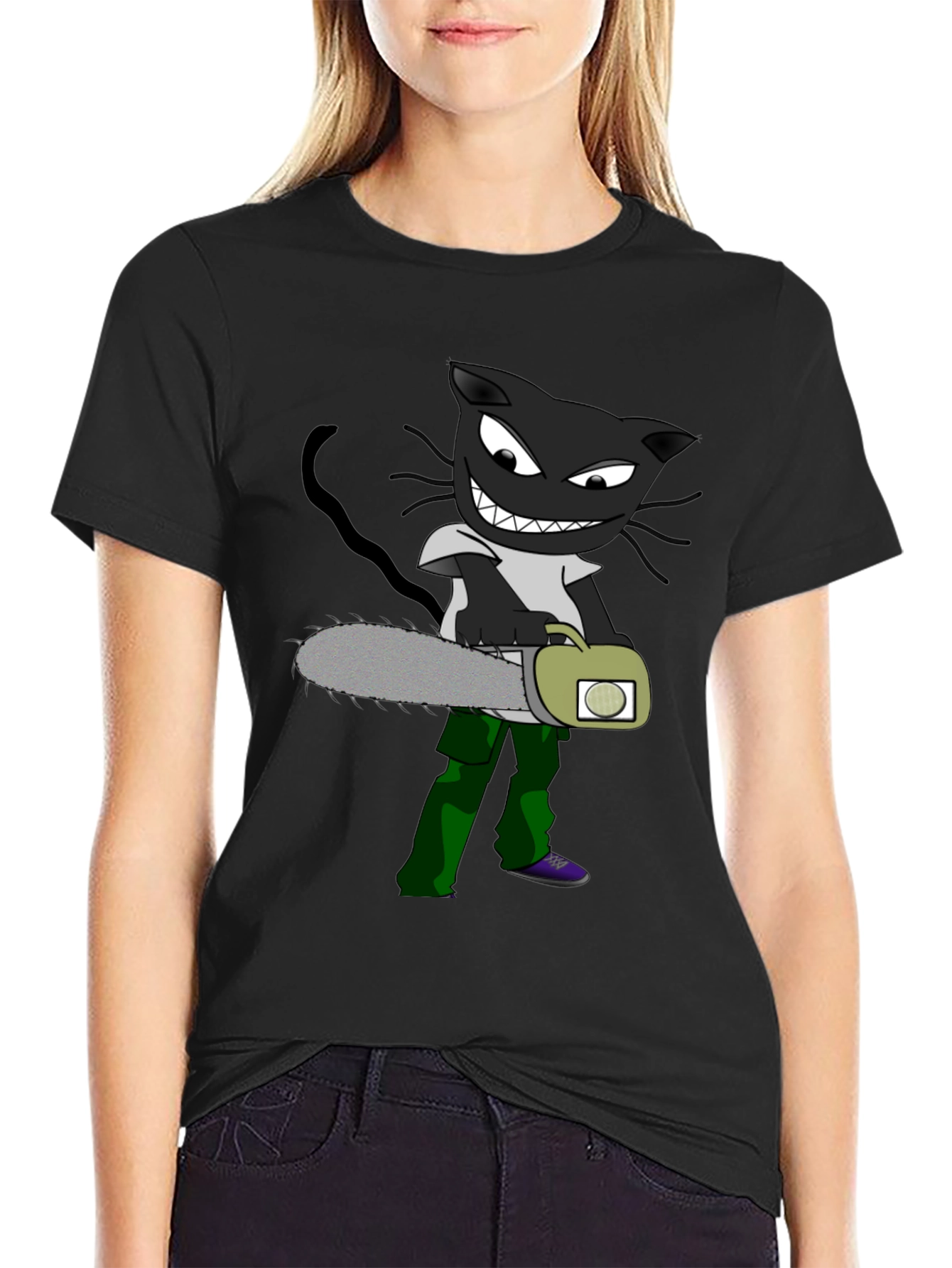 Cartoon Cat with Chainsaw Graphic Tee