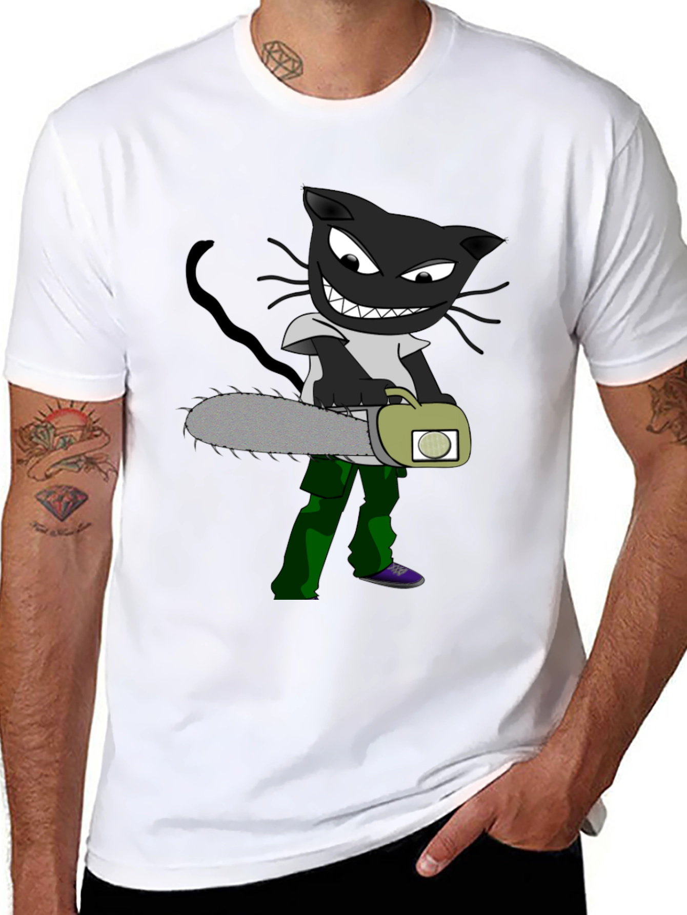 Cartoon Cat with Chainsaw Graphic Tee
