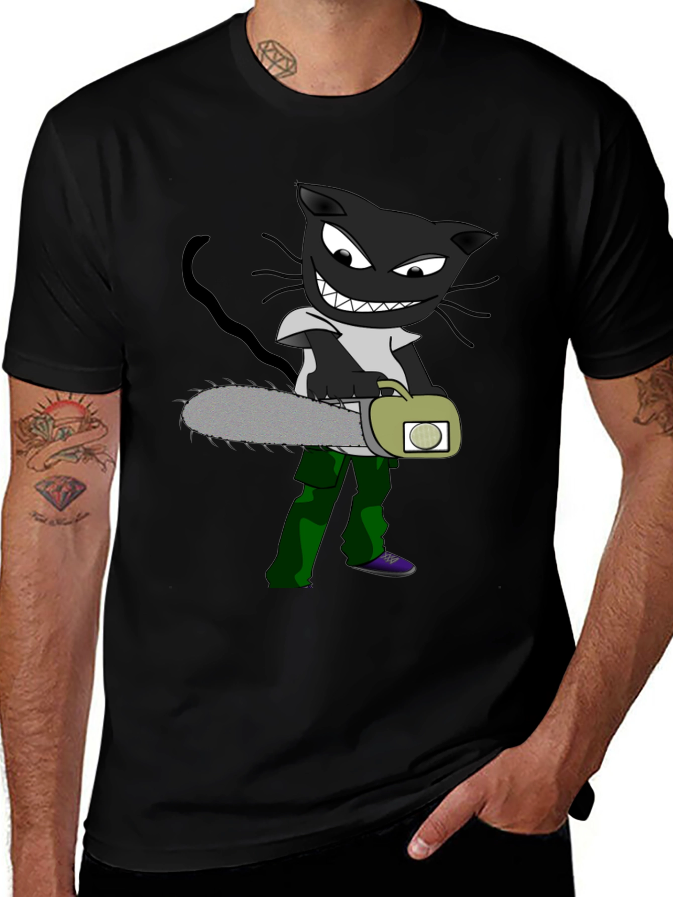 Cartoon Cat with Chainsaw Graphic Tee