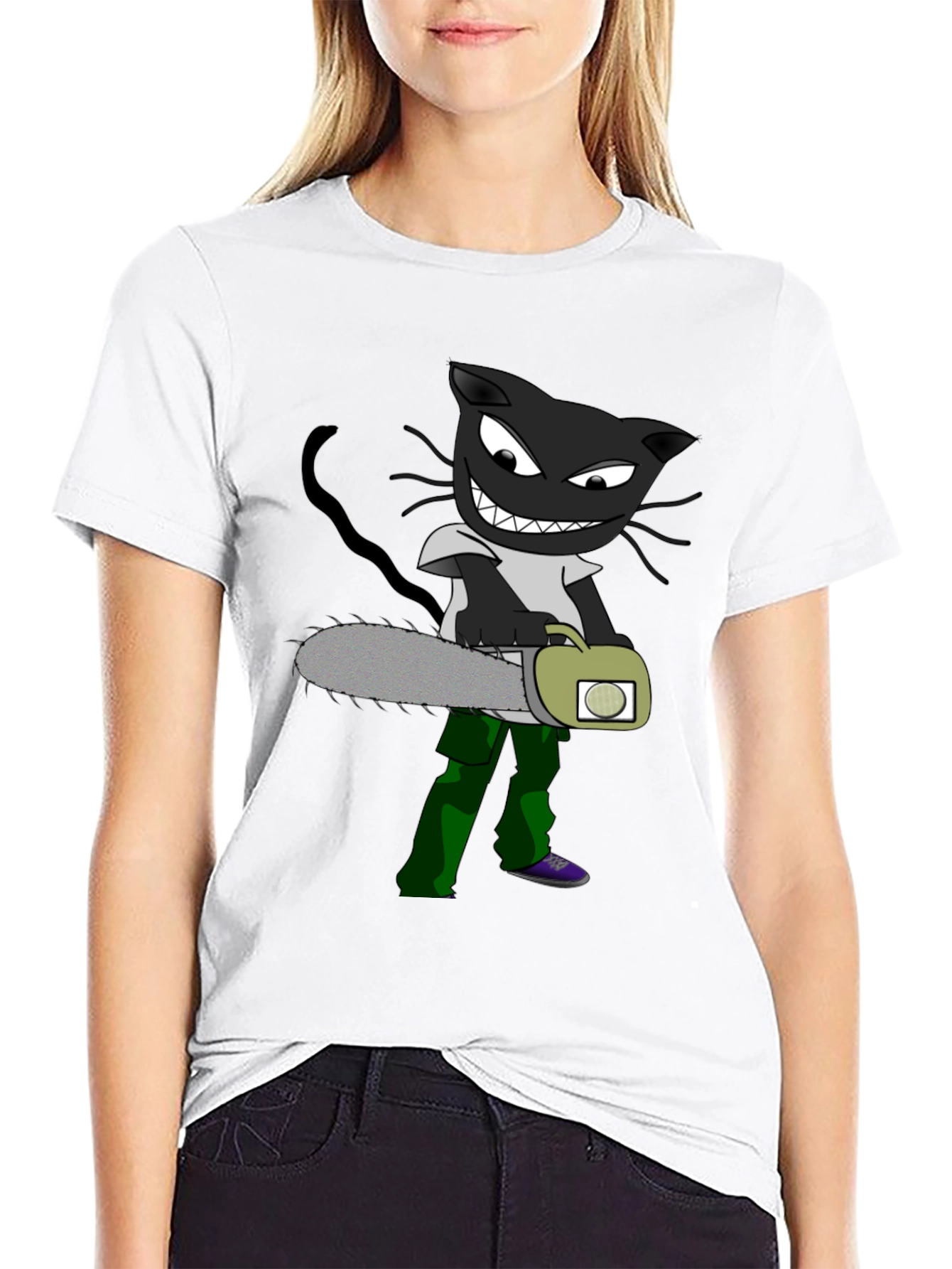Cartoon Cat with Chainsaw Graphic Tee