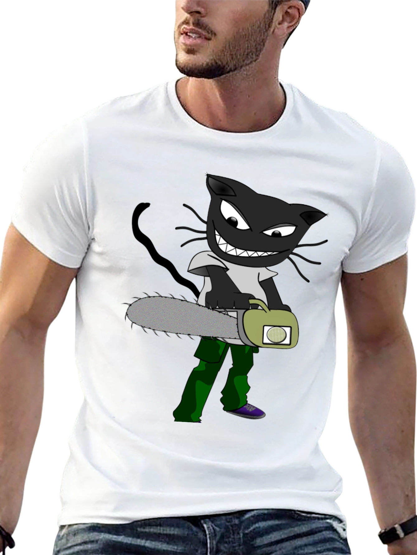 Cartoon Cat with Chainsaw Graphic Tee
