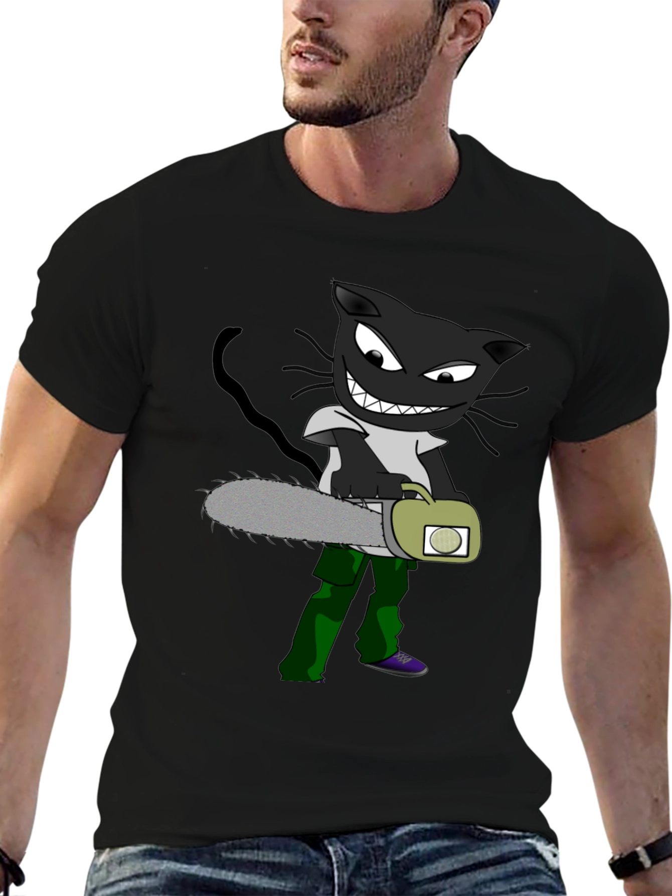 Cartoon Cat with Chainsaw Graphic Tee