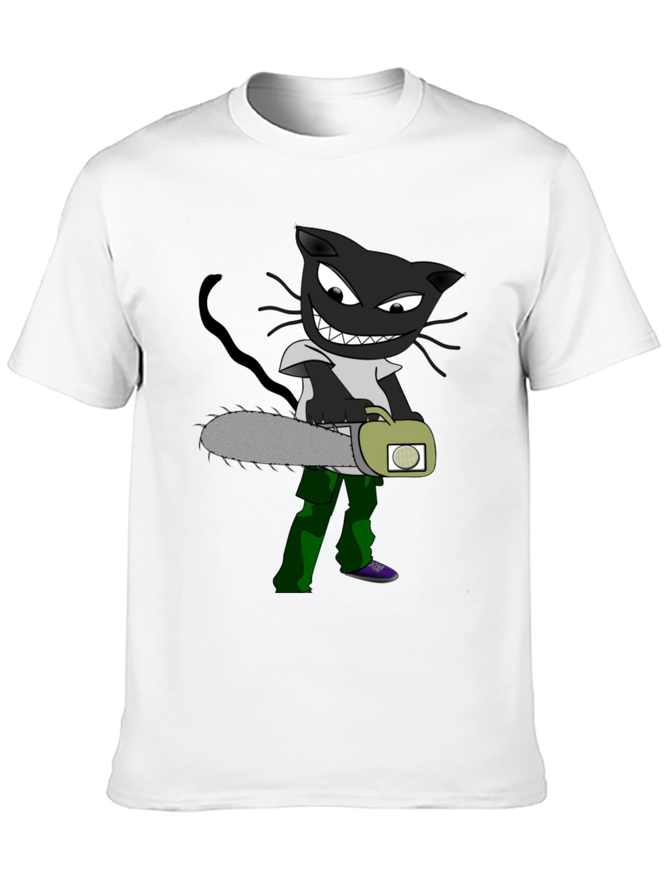 Cartoon Cat with Chainsaw Graphic Tee