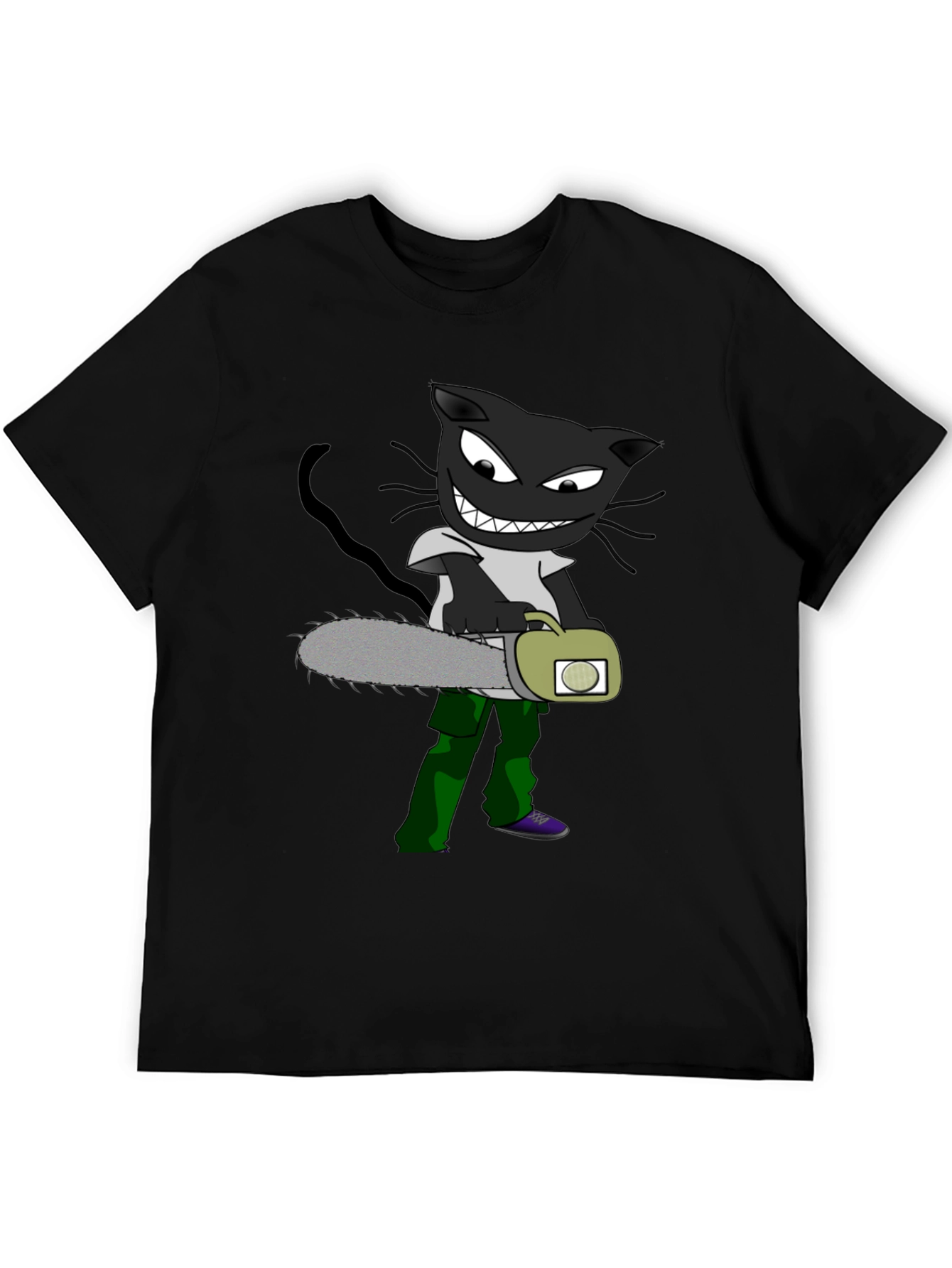 Cartoon Cat with Chainsaw Graphic Tee