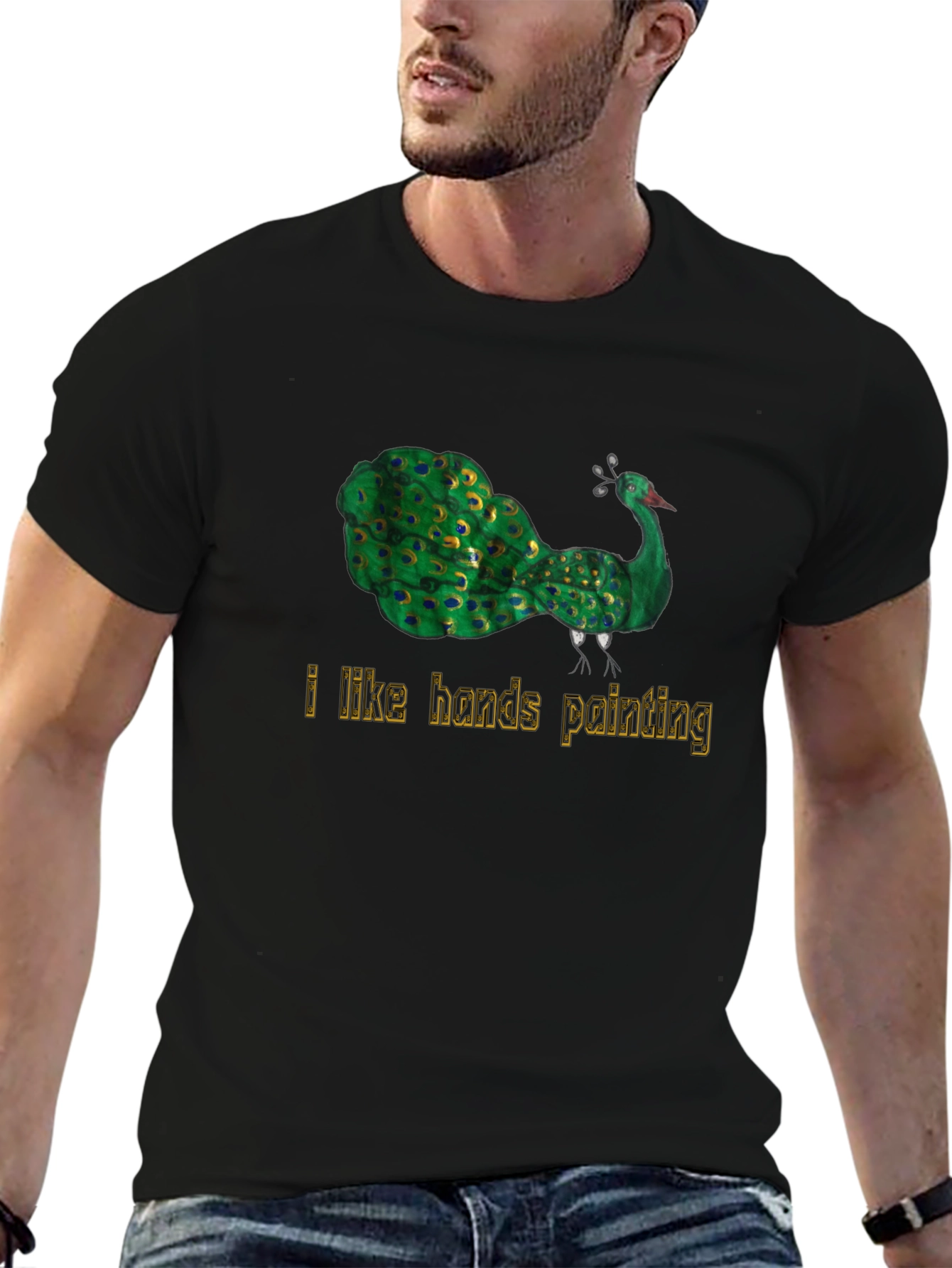 Peacock Art Mens Black Graphic T-Shirt
