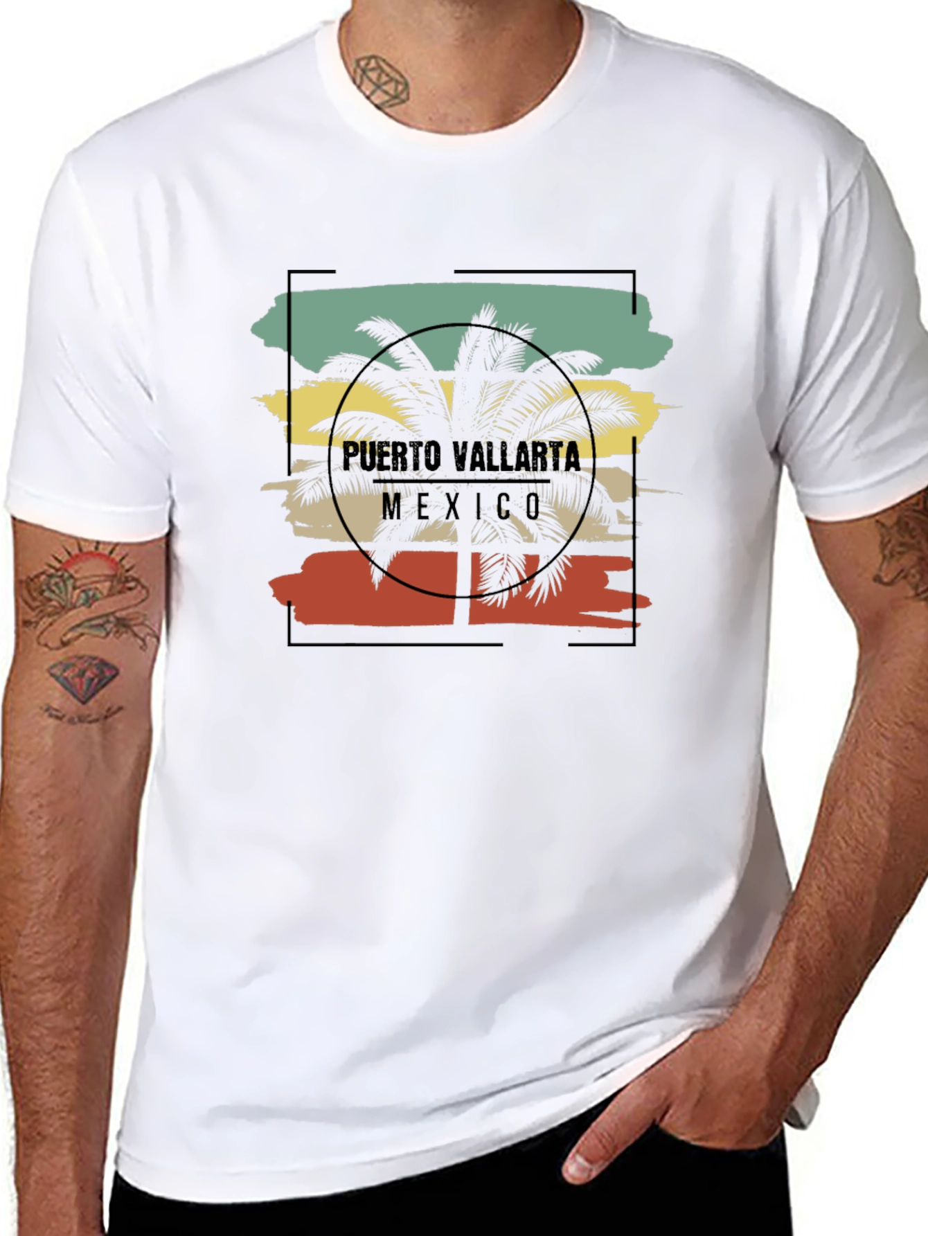 Puerto Vallarta Retro Palm Tree Black T-Shirt