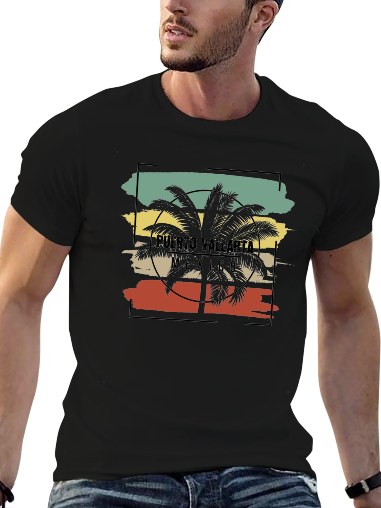 Puerto Vallarta Retro Palm Tree Black T-Shirt
