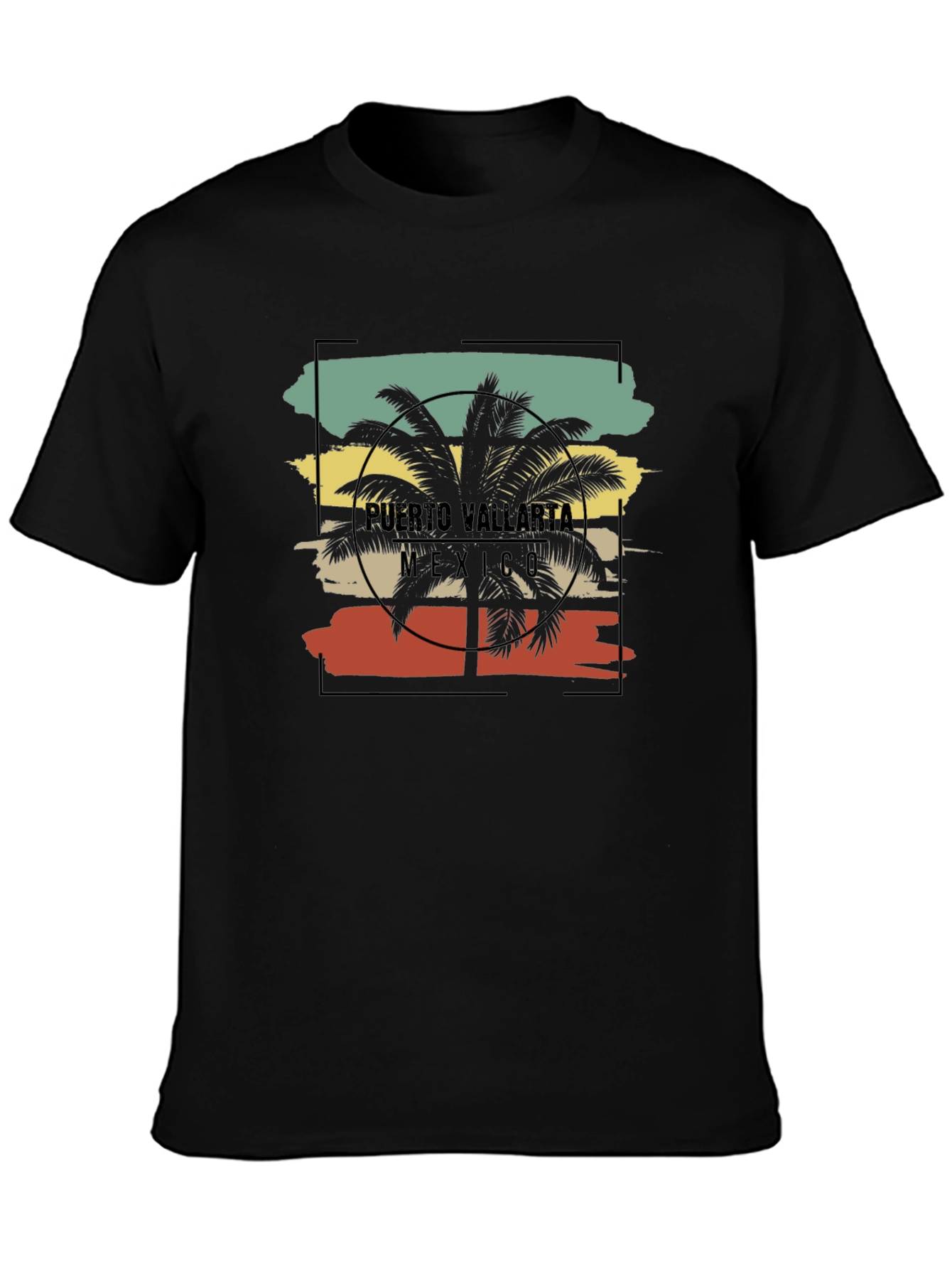 Puerto Vallarta Retro Palm Tree Black T-Shirt
