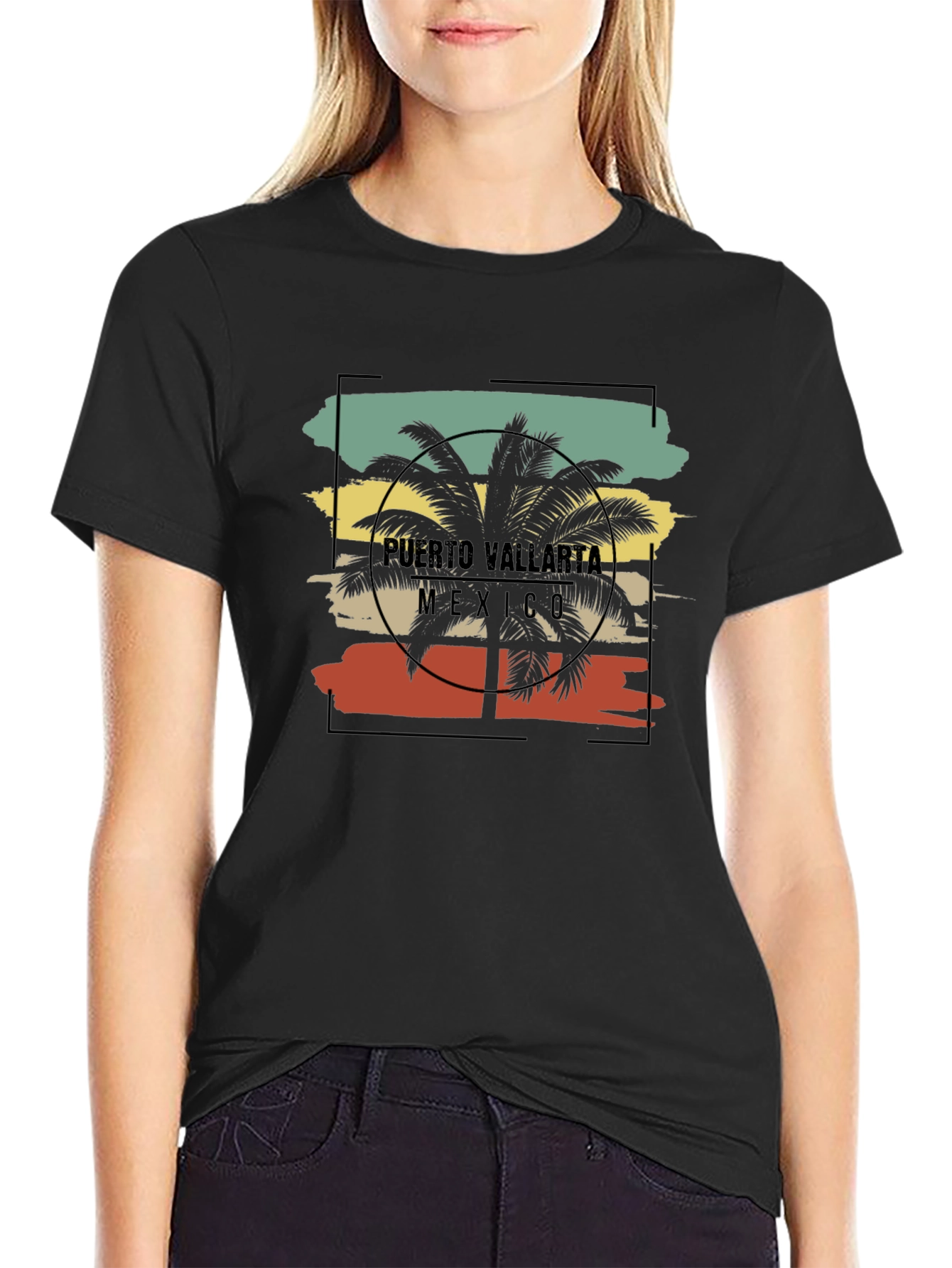Puerto Vallarta Retro Palm Tree Black T-Shirt