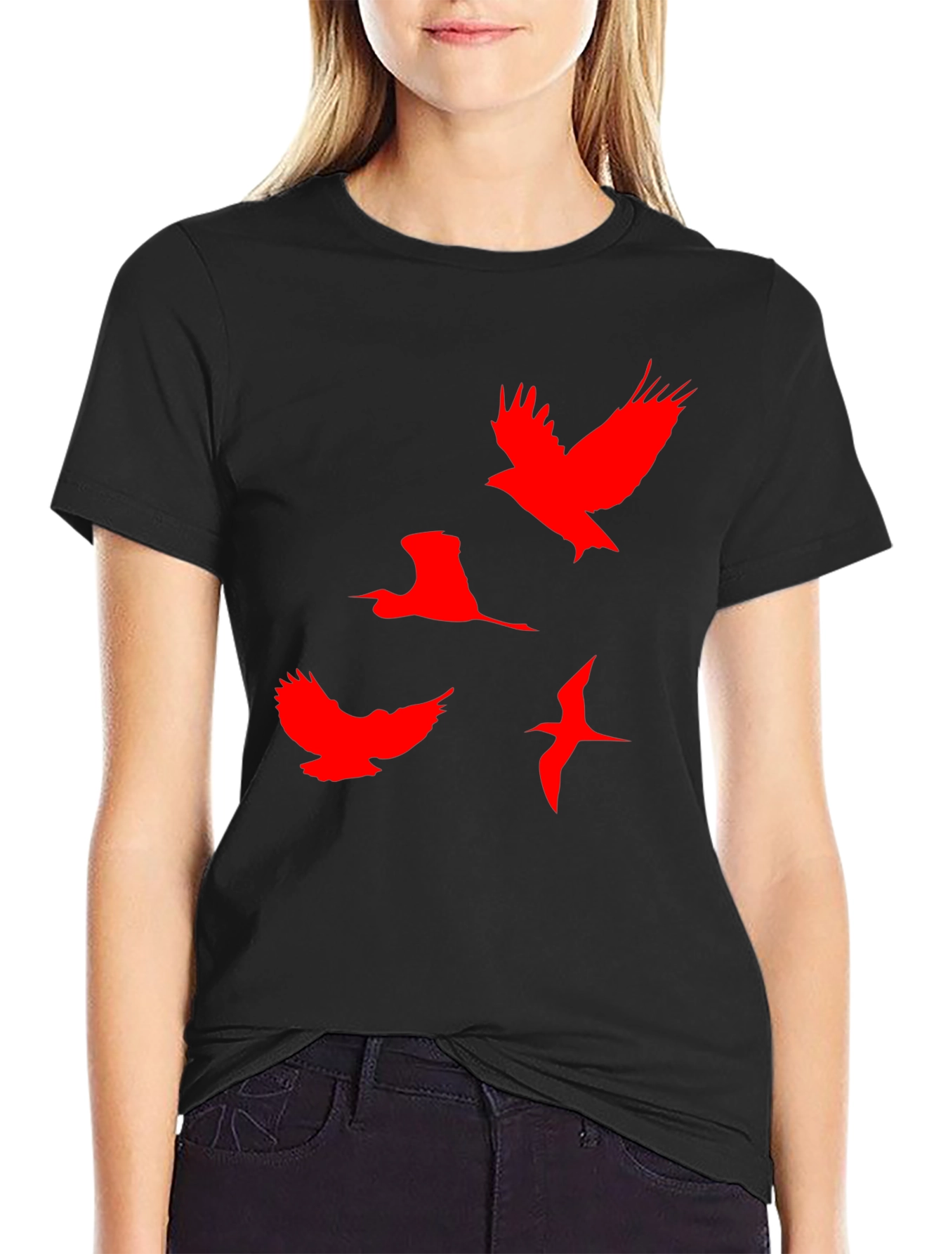 Red Birds Graphic Black T-Shirt