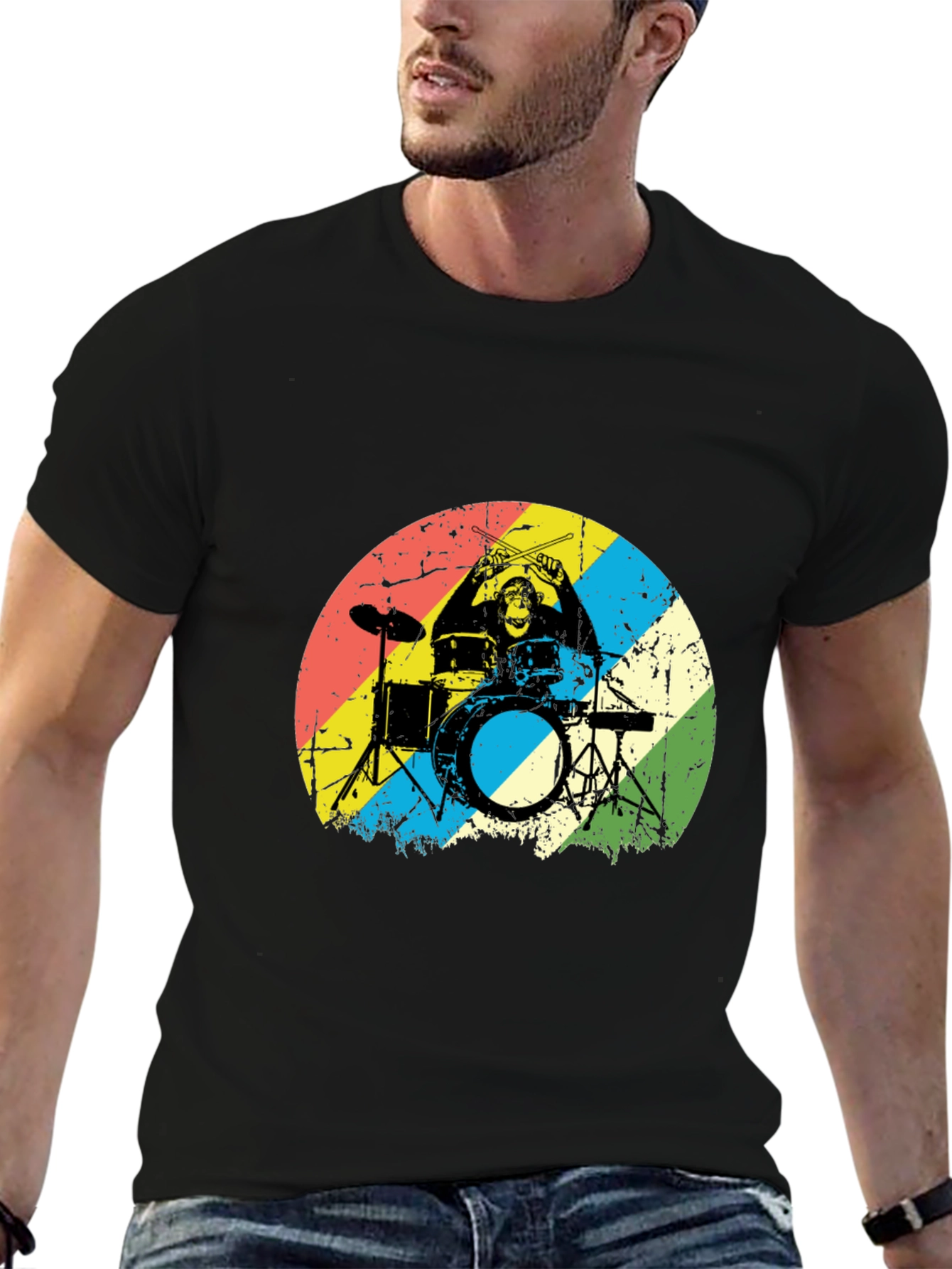 Monkey Drummer Graphic Tee - Retro Style Black T-Shirt