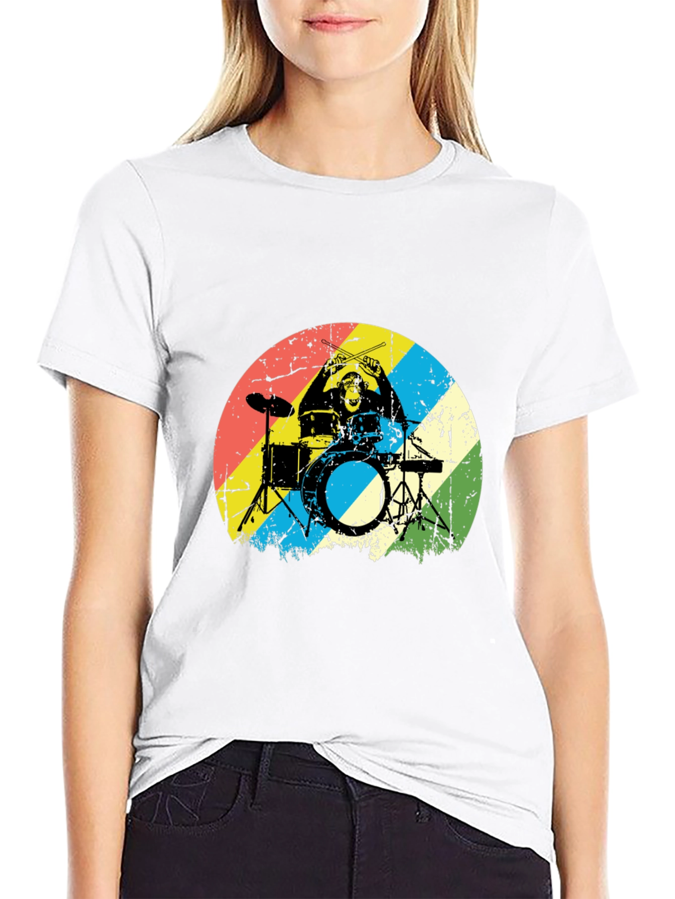 Monkey Drummer Graphic Tee - Retro Style Black T-Shirt
