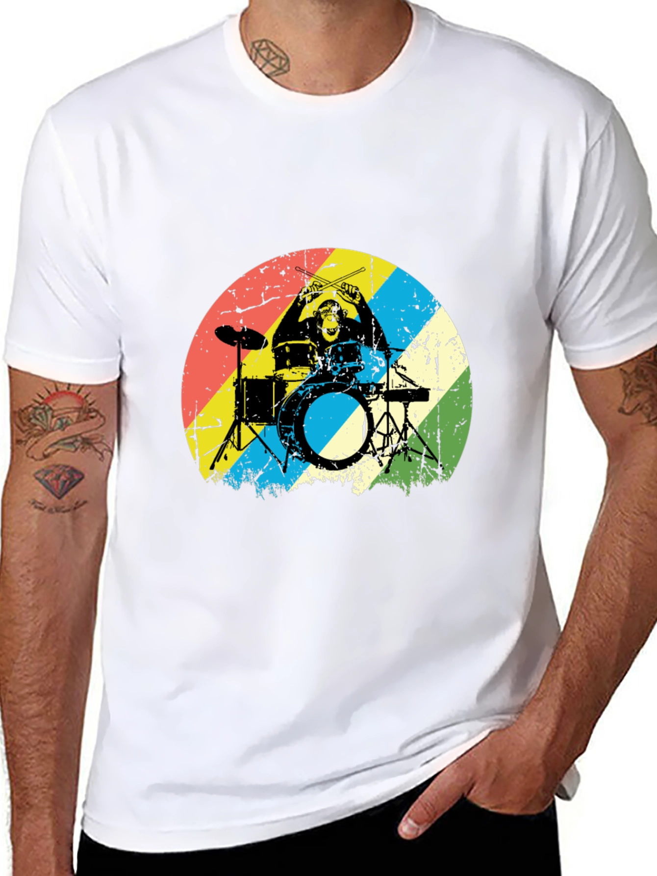 Monkey Drummer Graphic Tee - Retro Style Black T-Shirt