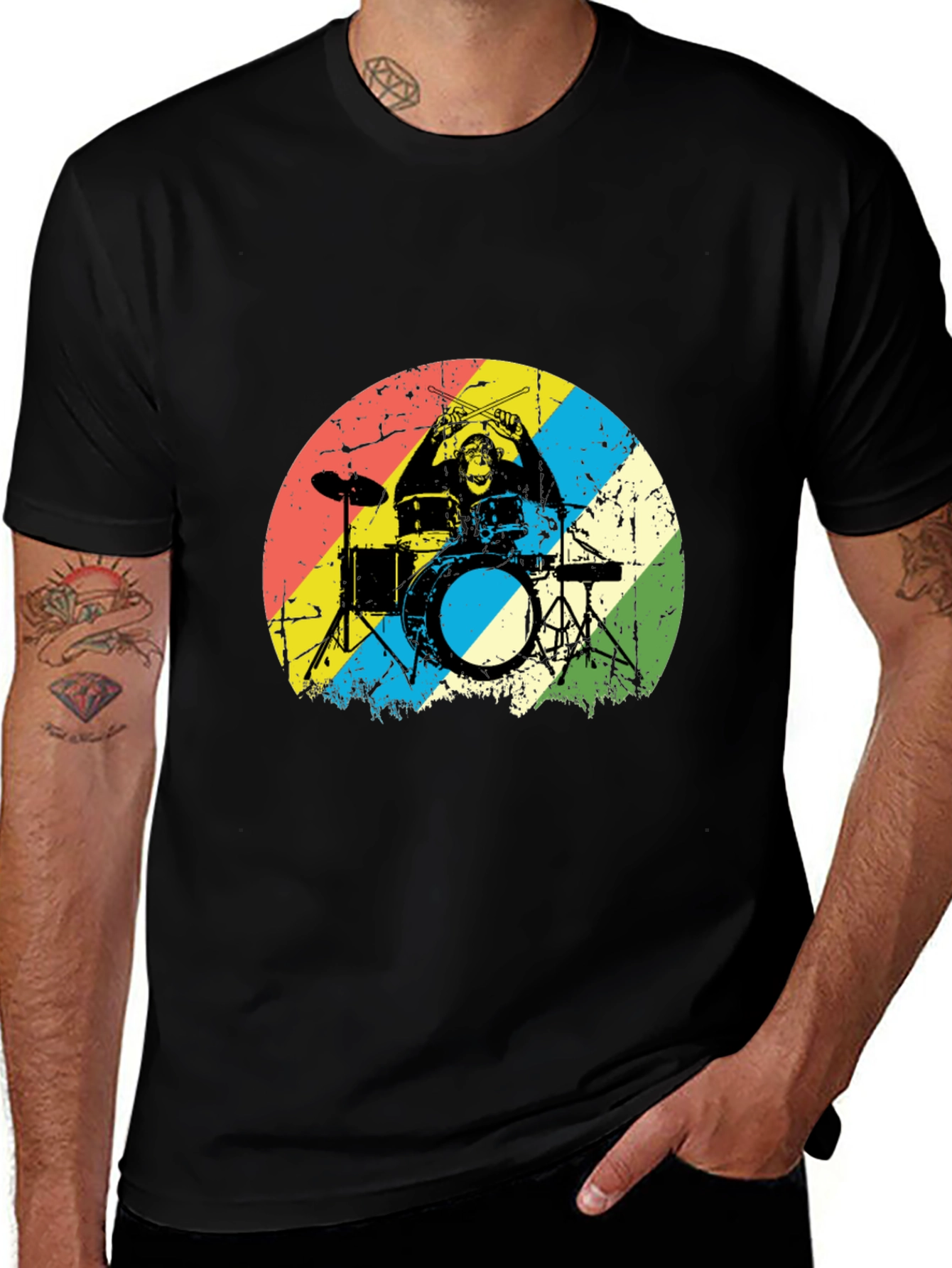 Monkey Drummer Graphic Tee - Retro Style Black T-Shirt