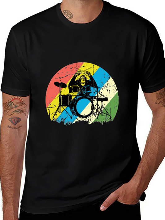 Monkey Drummer Graphic Tee - Retro Style Black T-Shirt