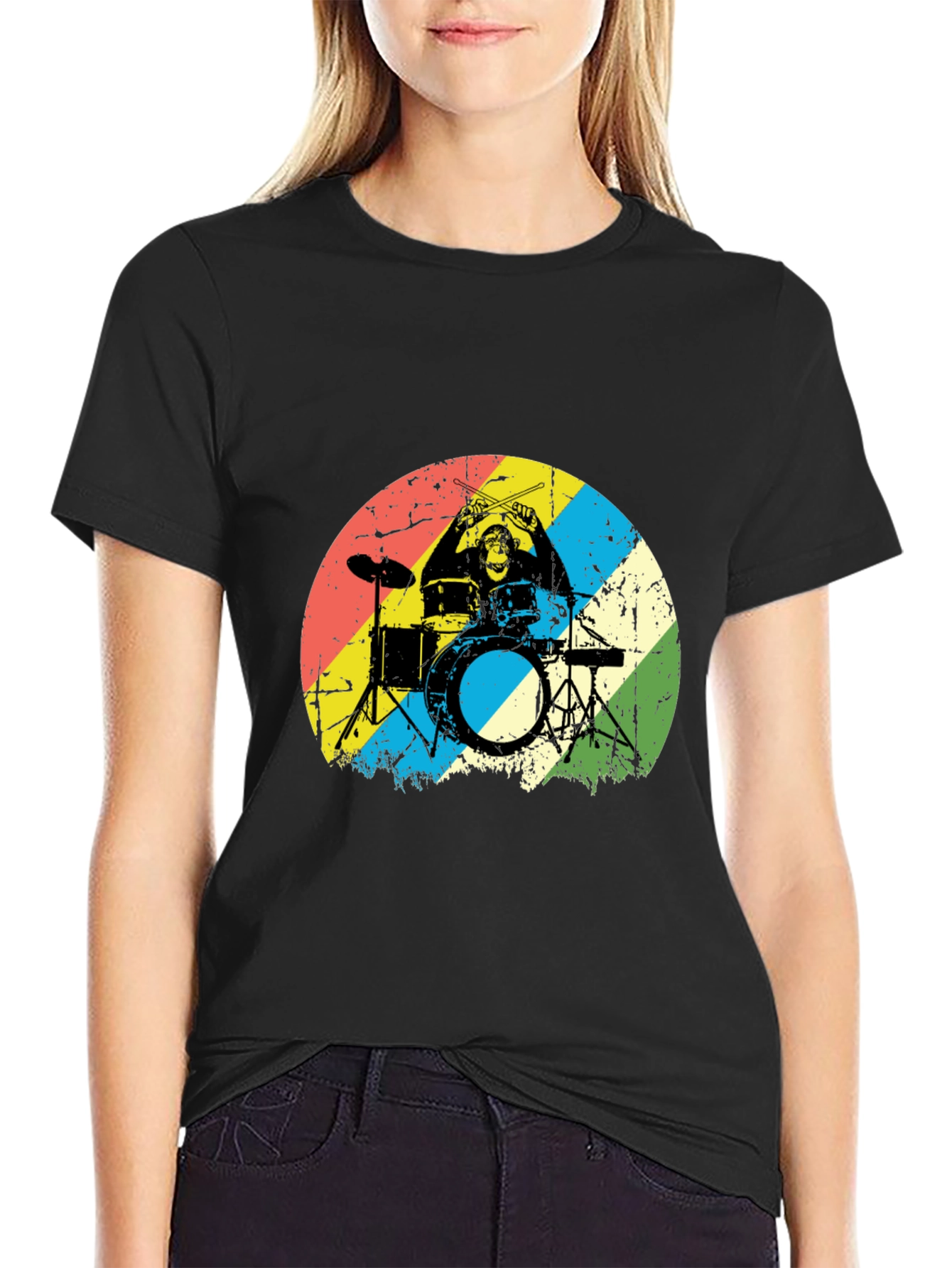 Monkey Drummer Graphic Tee - Retro Style Black T-Shirt