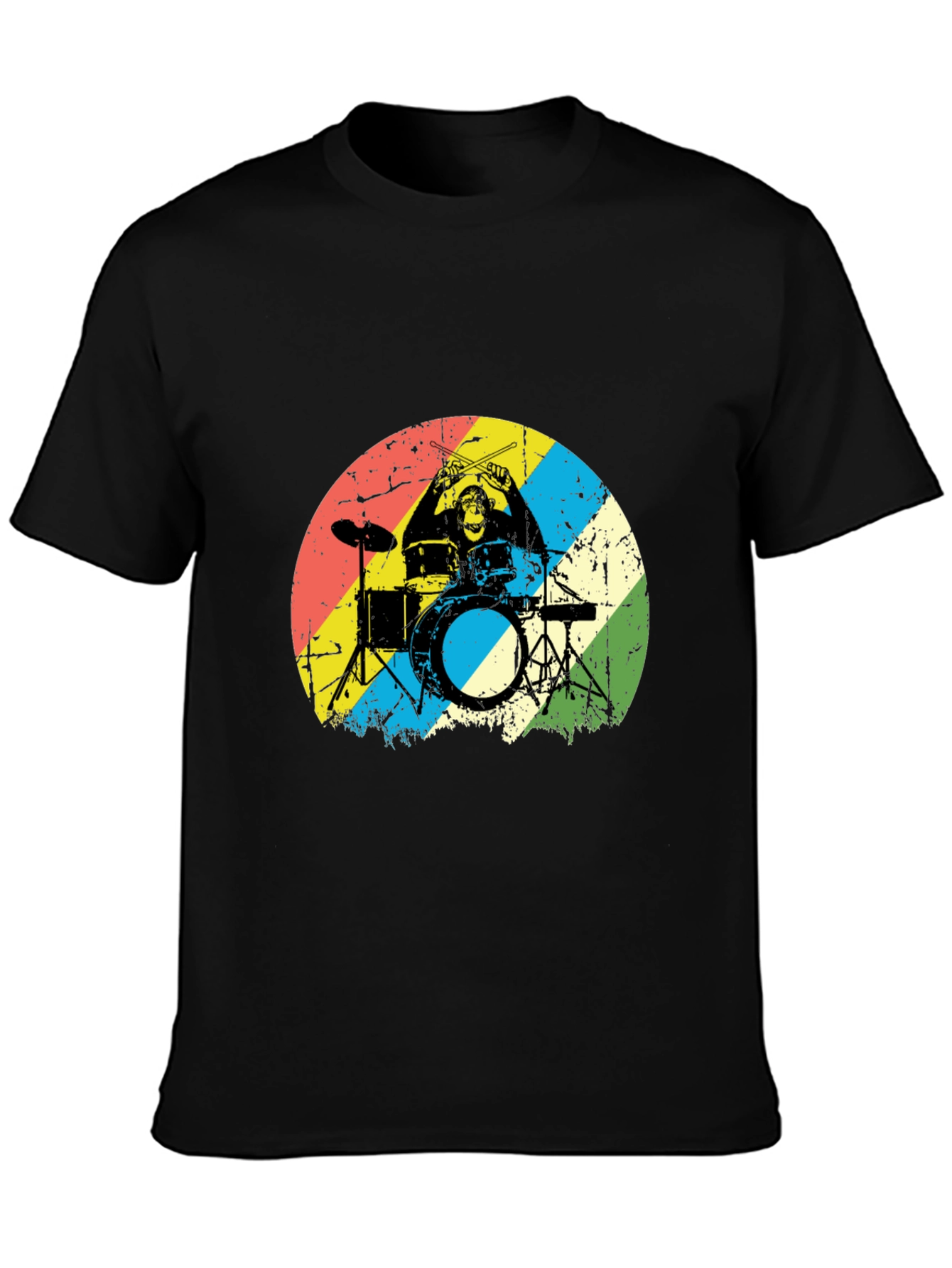 Monkey Drummer Graphic Tee - Retro Style Black T-Shirt