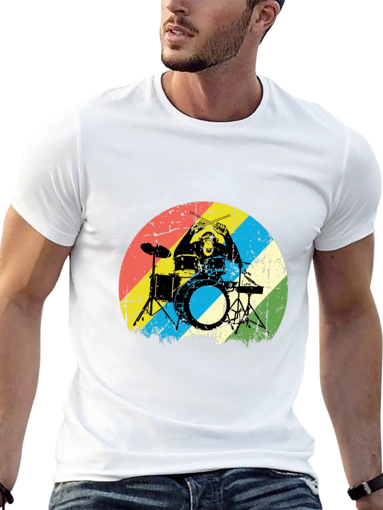 Monkey Drummer Graphic Tee - Retro Style Black T-Shirt