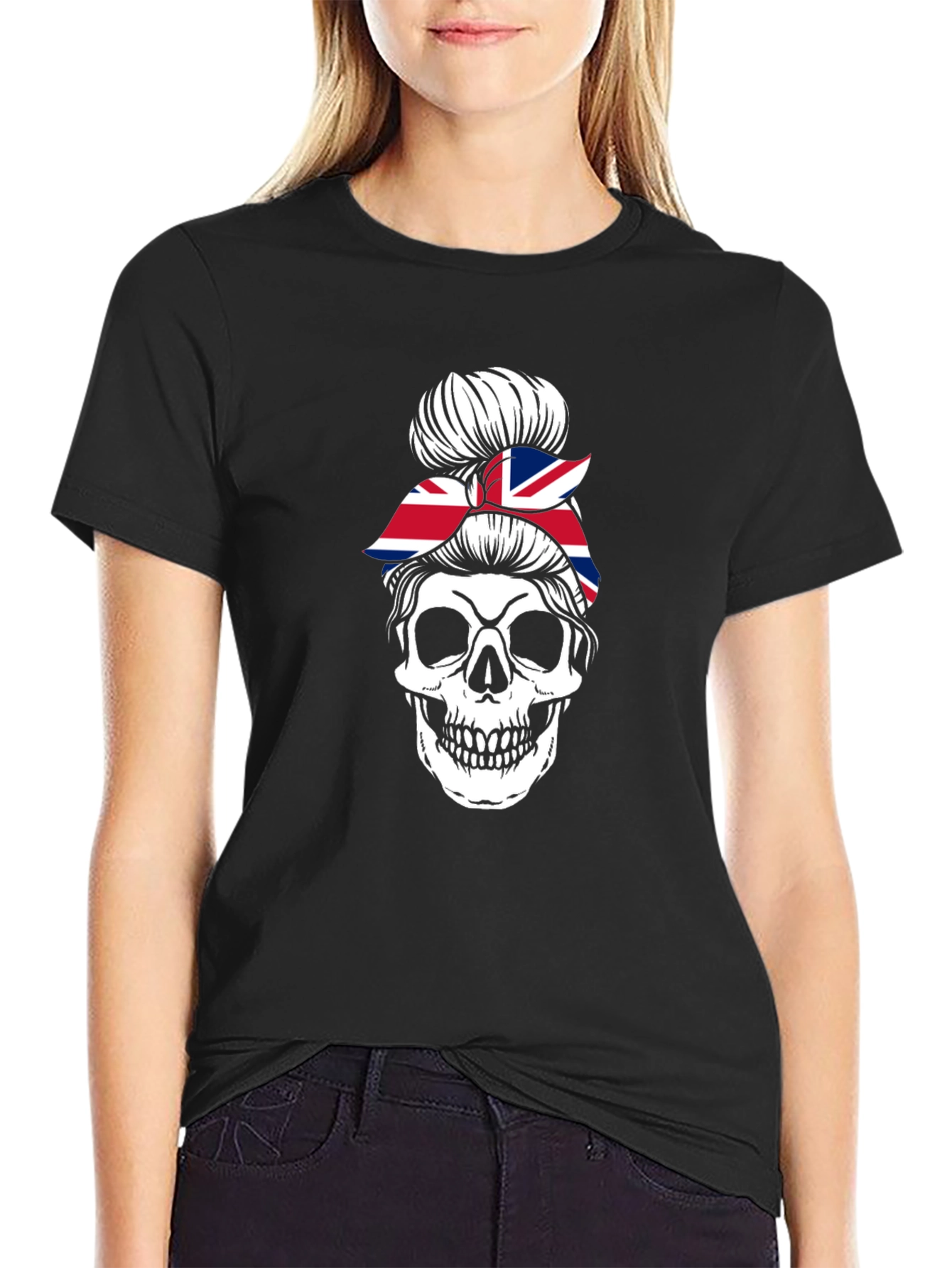 Union Jack Skull Messy Bun T-Shirt