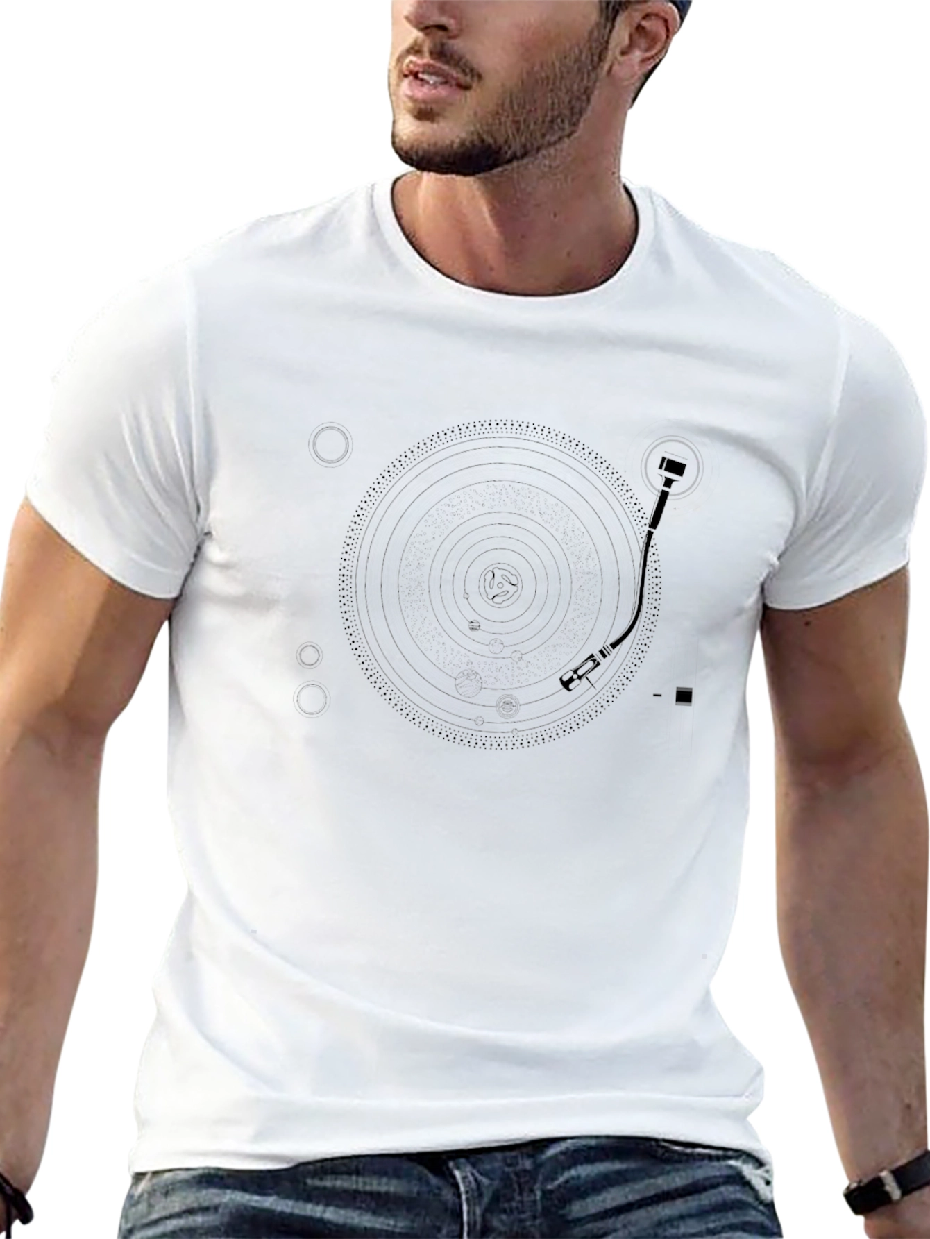 Retro Turntable Graphic Tee - Black Cotton Shirt