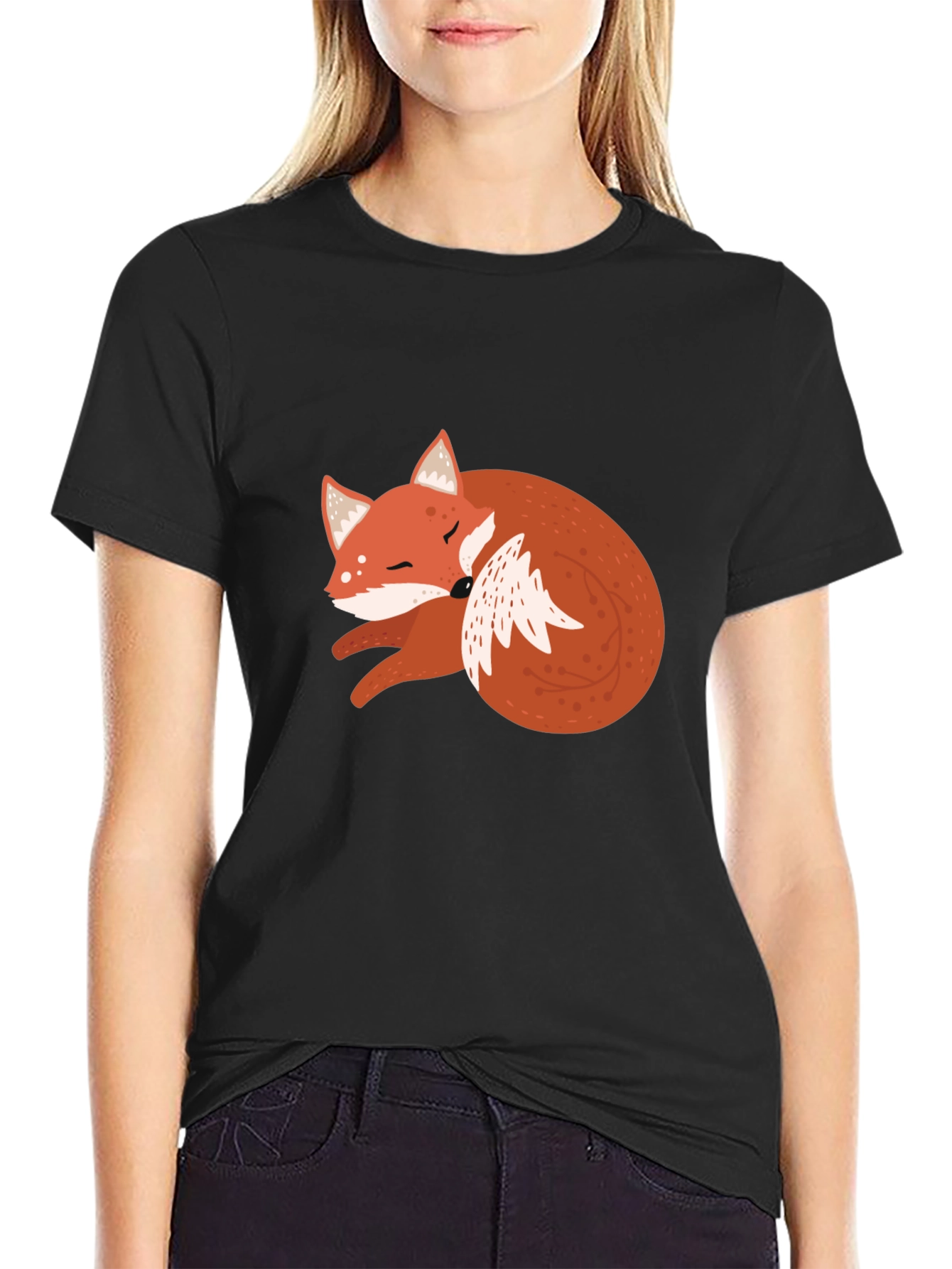 Cute Fox Graphic Tee - Soft Black Cotton T-Shirt